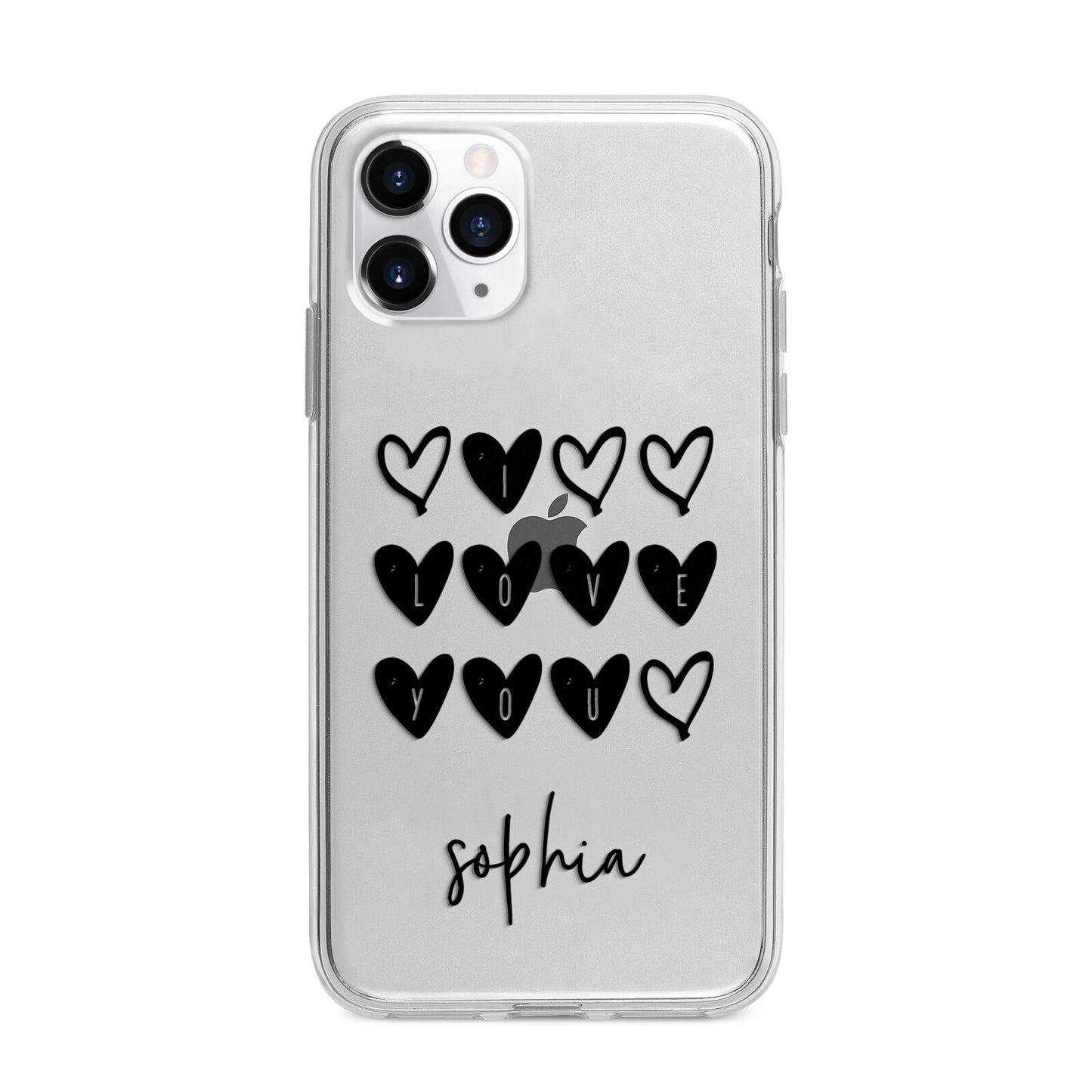 Personalised Valentine Hearts Name Black Apple iPhone 11 Pro Max in Silver with Bumper Case