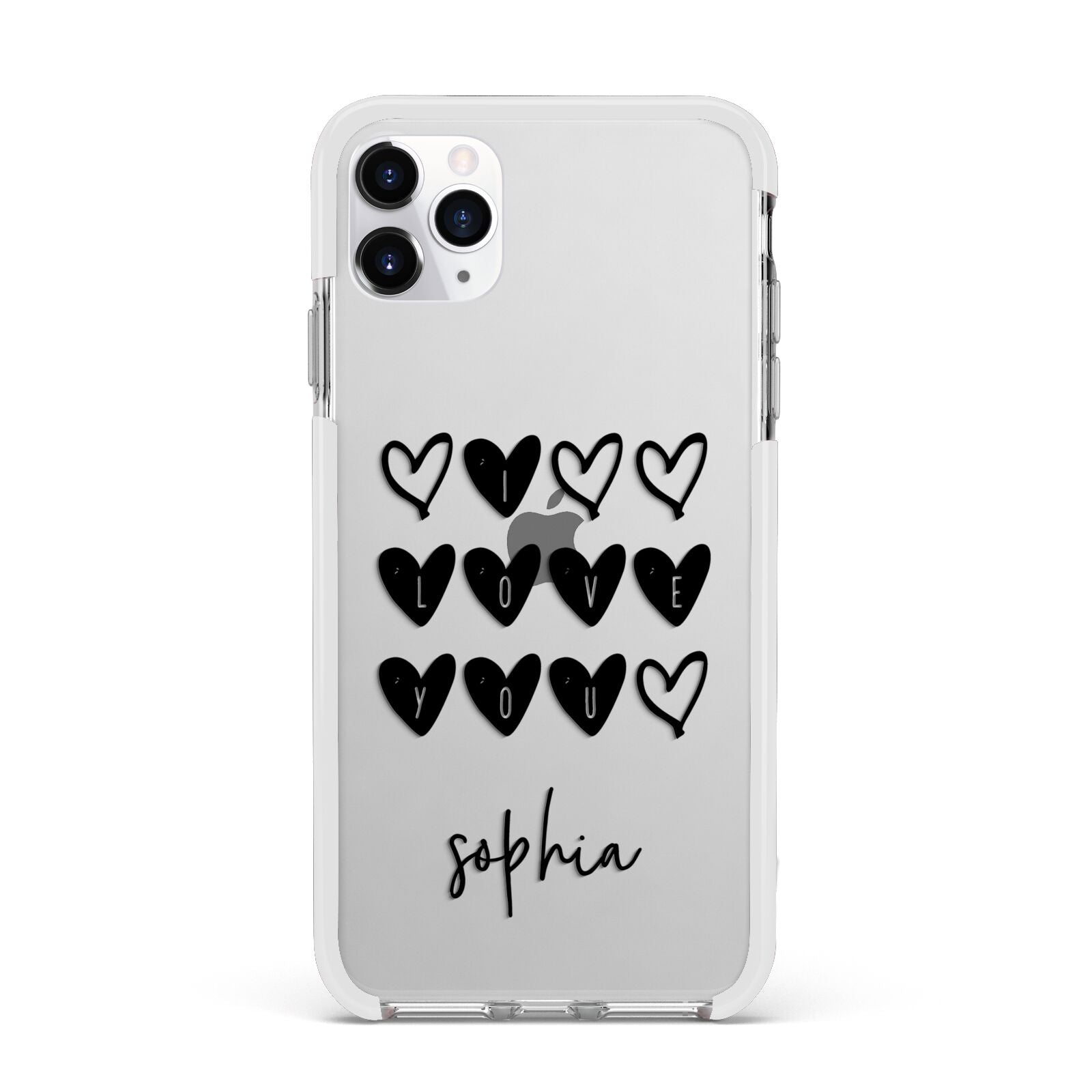 Personalised Valentine Hearts Name Black Apple iPhone 11 Pro Max in Silver with White Impact Case