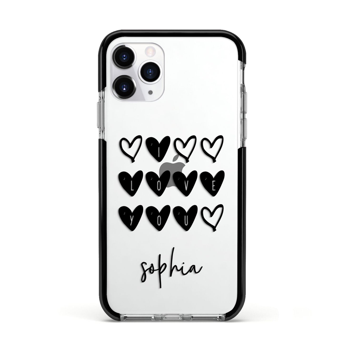 Personalised Valentine Hearts Name Black Apple iPhone 11 Pro in Silver with Black Impact Case