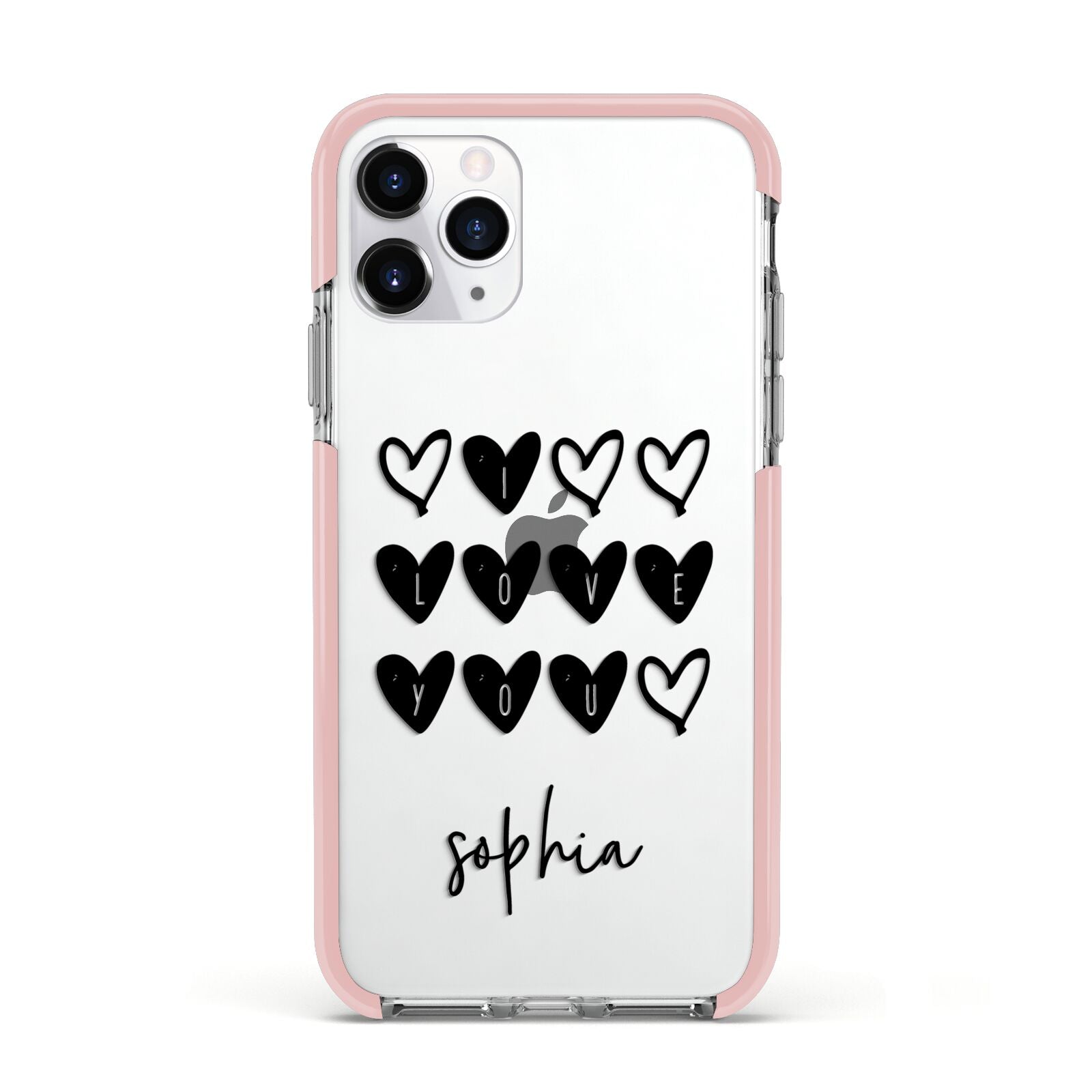 Personalised Valentine Hearts Name Black Apple iPhone 11 Pro in Silver with Pink Impact Case