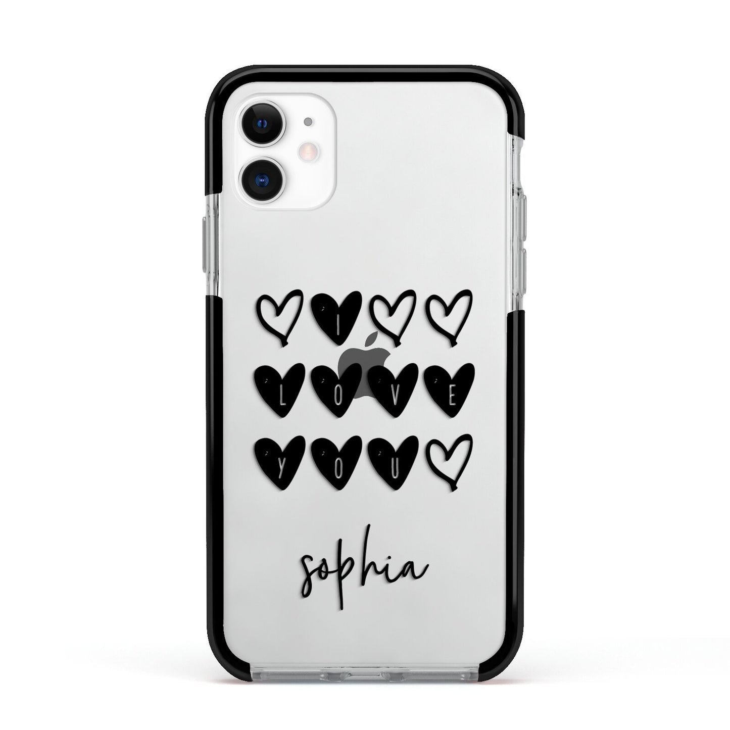 Personalised Valentine Hearts Name Black Apple iPhone 11 in White with Black Impact Case