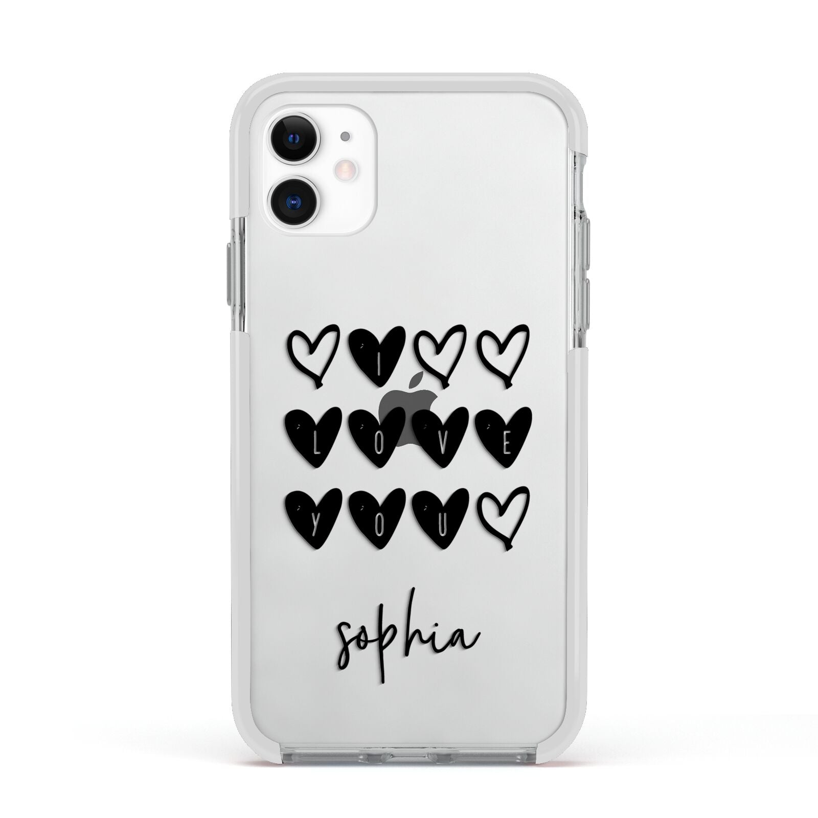 Personalised Valentine Hearts Name Black Apple iPhone 11 in White with White Impact Case