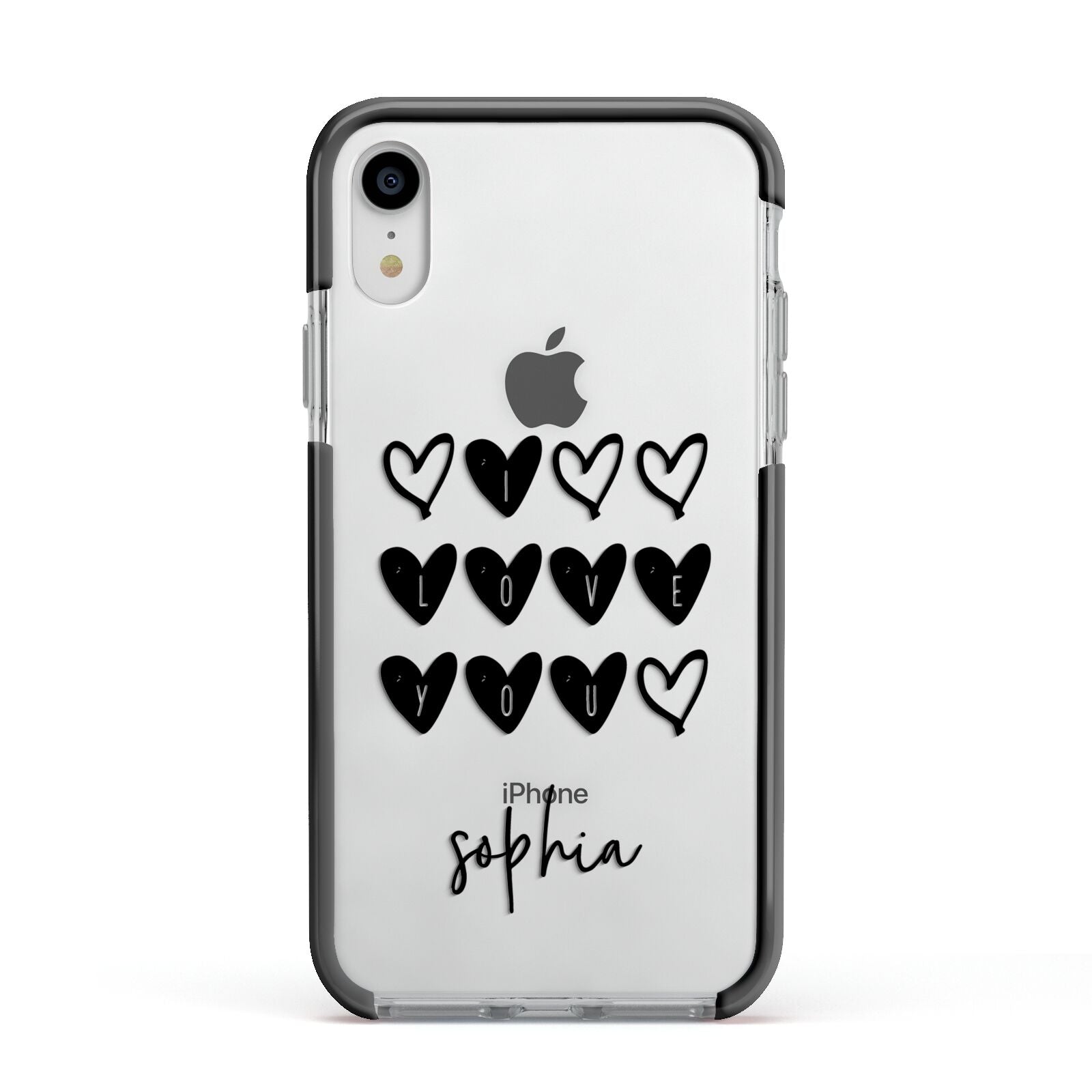 Personalised Valentine Hearts Name Black Apple iPhone XR Impact Case Black Edge on Silver Phone