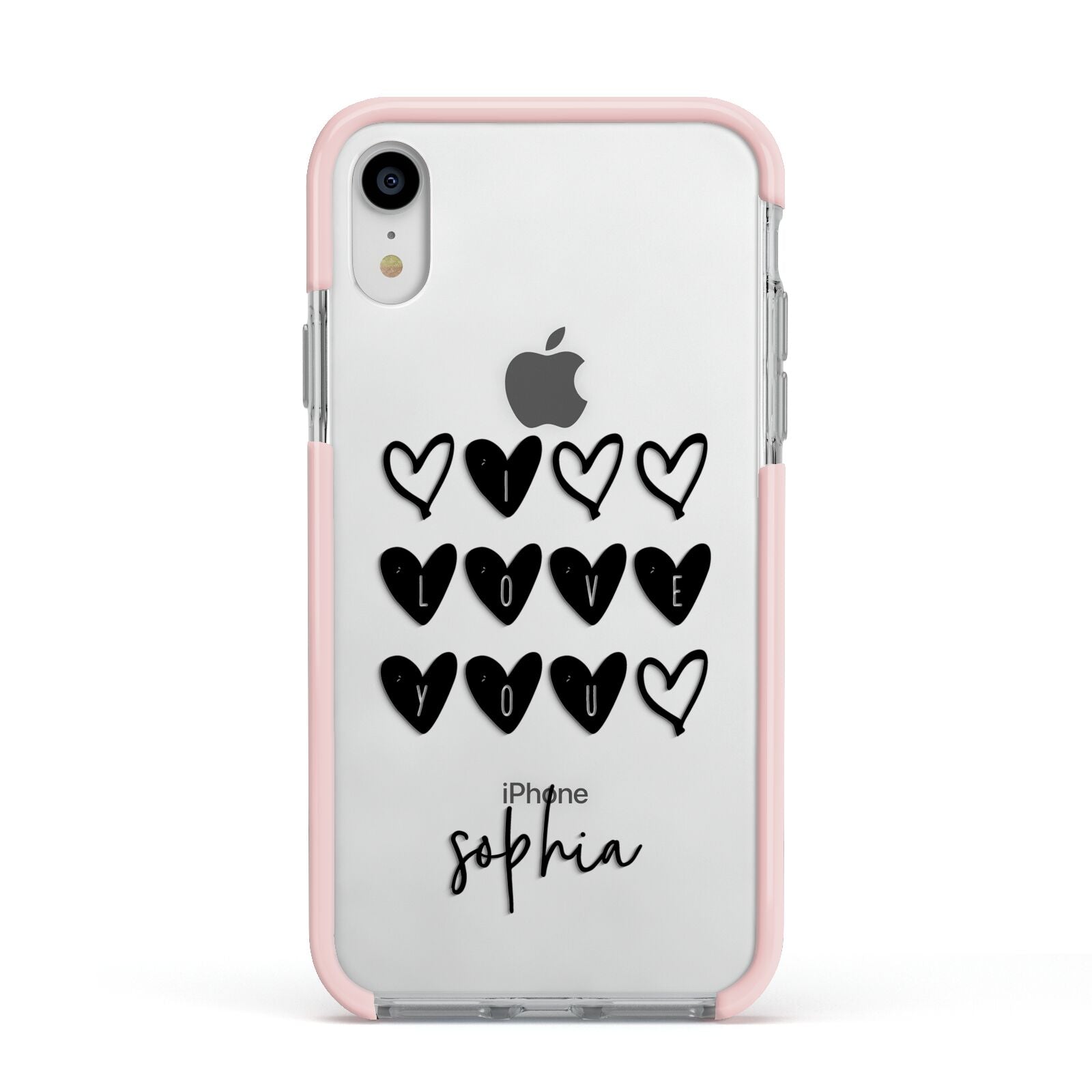 Personalised Valentine Hearts Name Black Apple iPhone XR Impact Case Pink Edge on Silver Phone