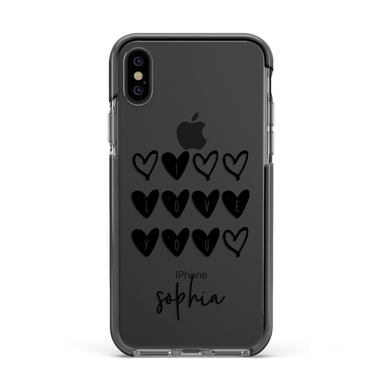 Personalised Valentine Hearts Name Black Apple iPhone Xs Impact Case Black Edge on Black Phone
