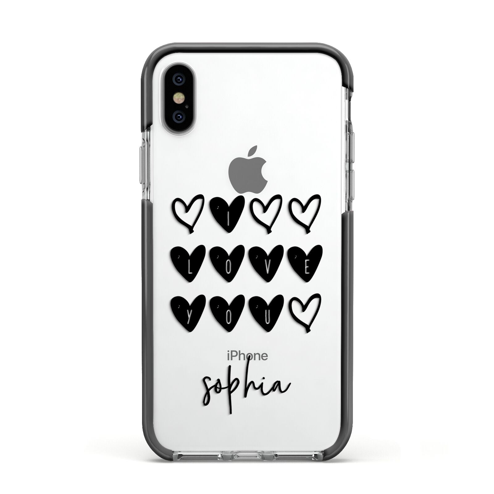 Personalised Valentine Hearts Name Black Apple iPhone Xs Impact Case Black Edge on Silver Phone