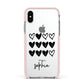 Personalised Valentine Hearts Name Black Apple iPhone Xs Impact Case Pink Edge on Silver Phone