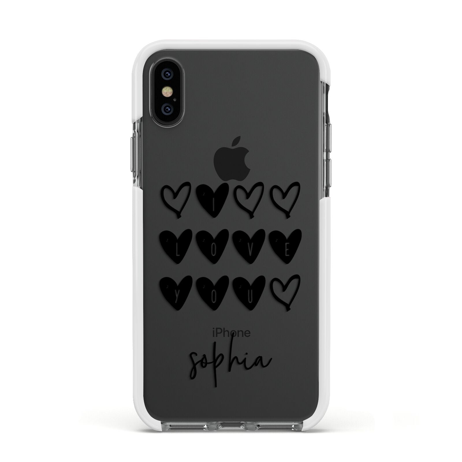 Personalised Valentine Hearts Name Black Apple iPhone Xs Impact Case White Edge on Black Phone
