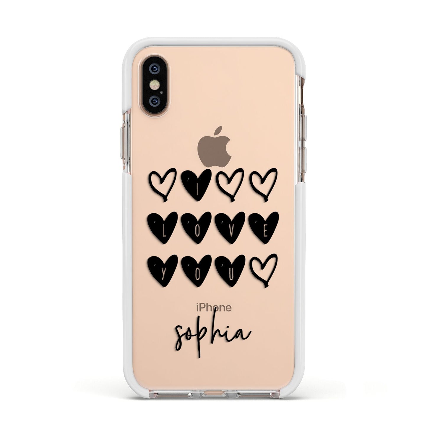 Personalised Valentine Hearts Name Black Apple iPhone Xs Impact Case White Edge on Gold Phone