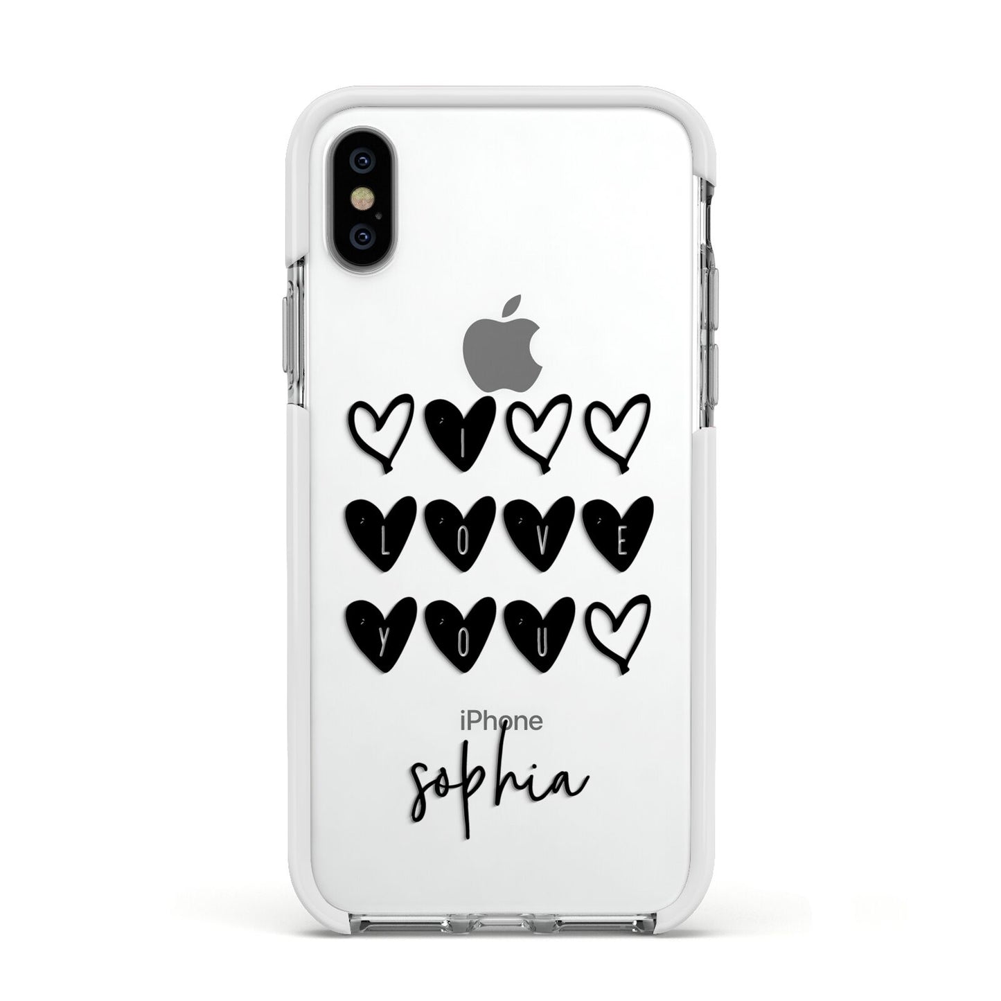 Personalised Valentine Hearts Name Black Apple iPhone Xs Impact Case White Edge on Silver Phone