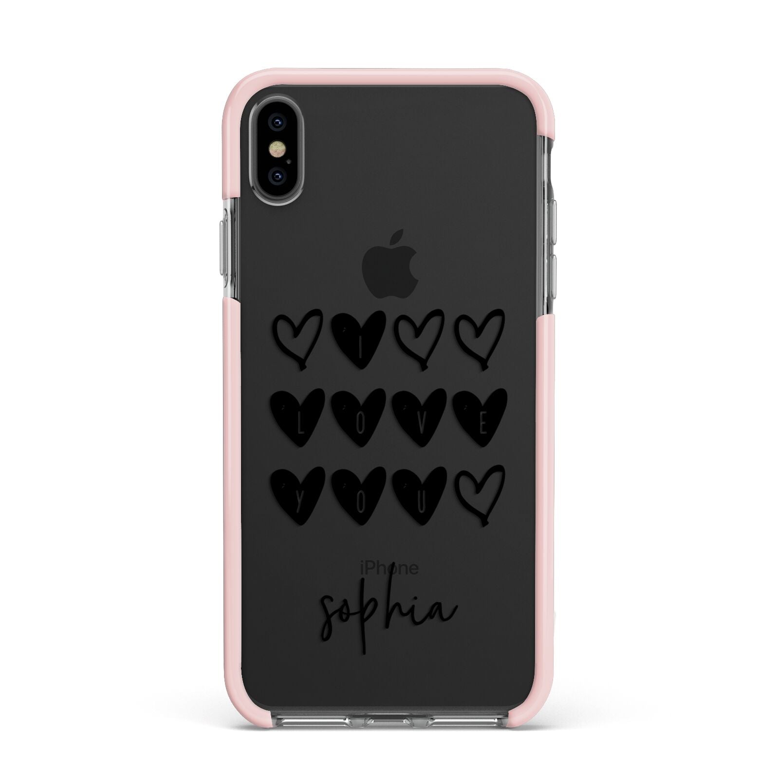 Personalised Valentine Hearts Name Black Apple iPhone Xs Max Impact Case Pink Edge on Black Phone
