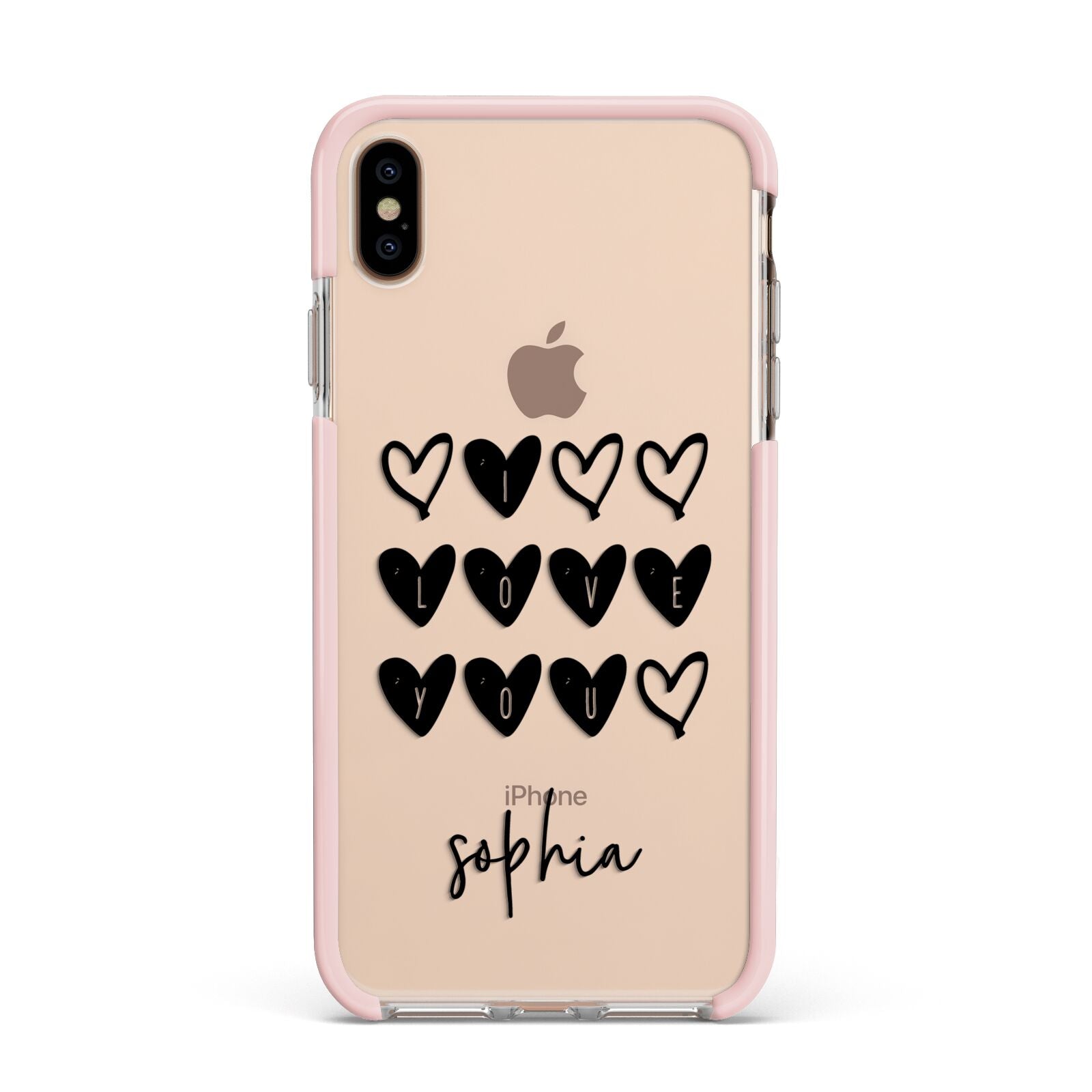 Personalised Valentine Hearts Name Black Apple iPhone Xs Max Impact Case Pink Edge on Gold Phone