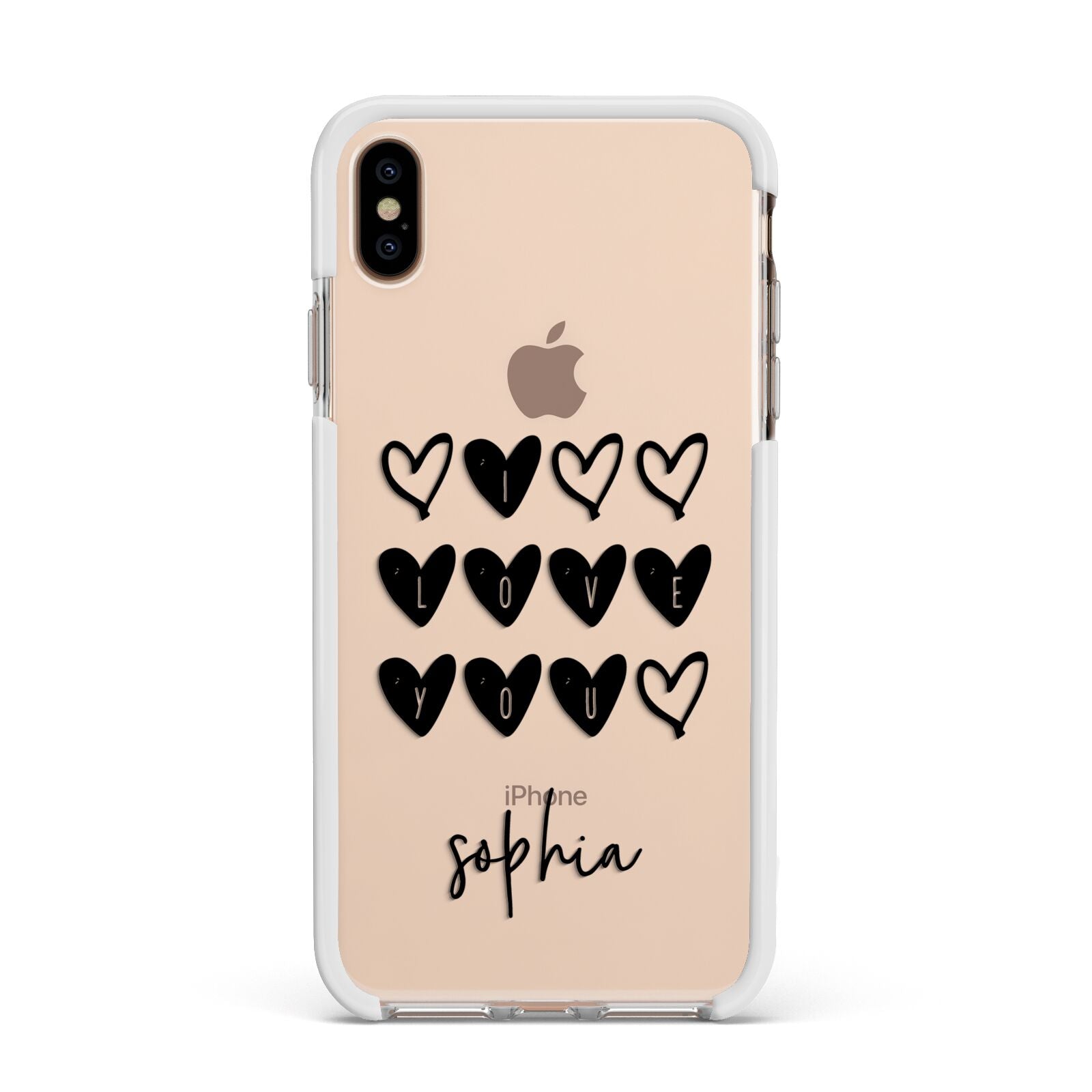 Personalised Valentine Hearts Name Black Apple iPhone Xs Max Impact Case White Edge on Gold Phone