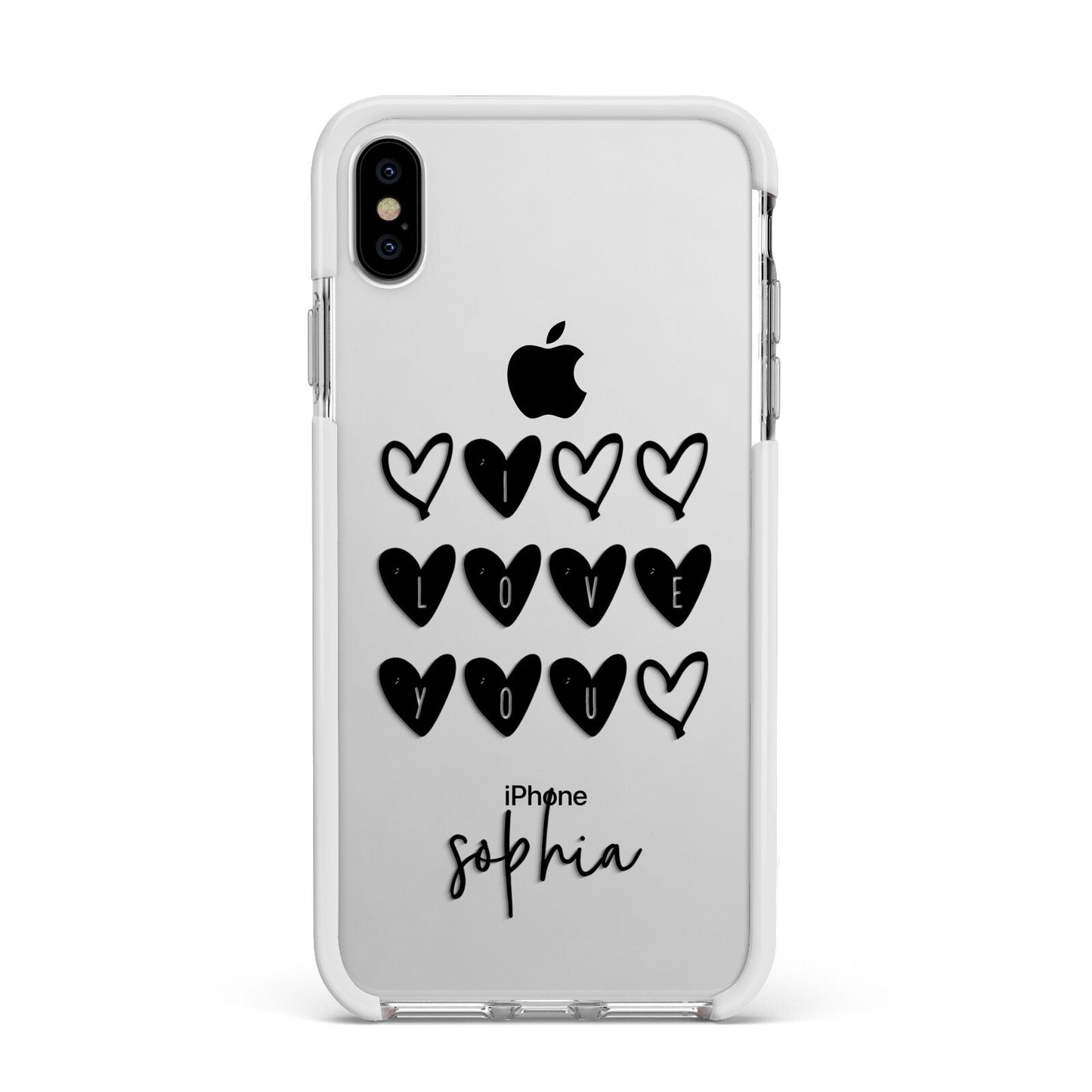 Personalised Valentine Hearts Name Black Apple iPhone Xs Max Impact Case White Edge on Silver Phone