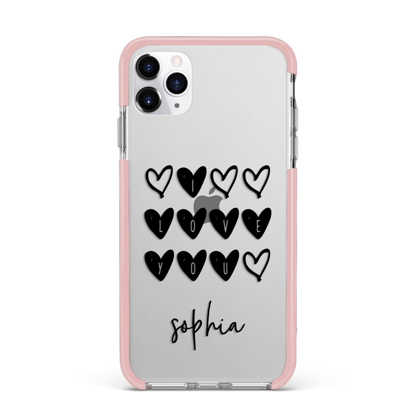Personalised Valentine Hearts Name Black iPhone 11 Pro Max Impact Pink Edge Case