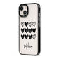 Personalised Valentine Hearts Name Black iPhone 13 Black Impact Case Side Angle on Silver phone