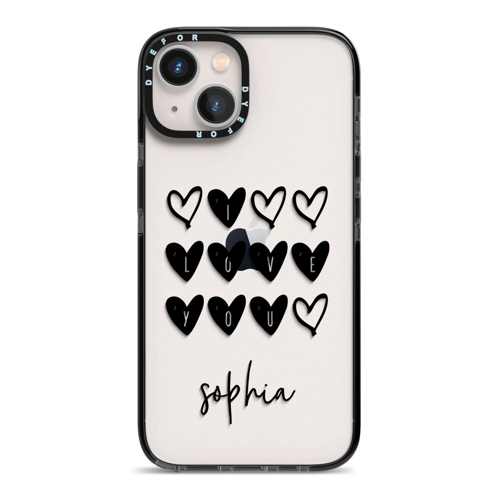 Personalised Valentine Hearts Name Black iPhone 13 Black Impact Case on Silver phone