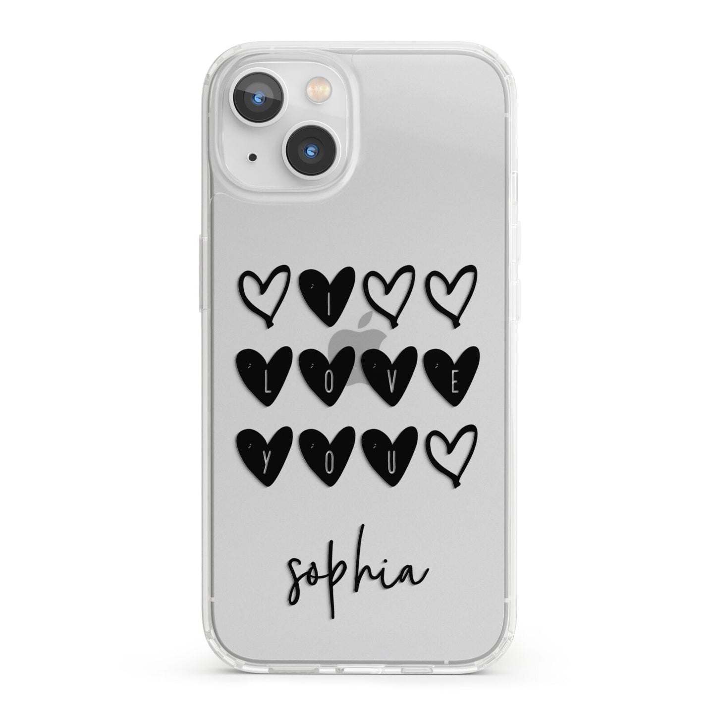 Personalised Valentine Hearts Name Black iPhone 13 Clear Bumper Case