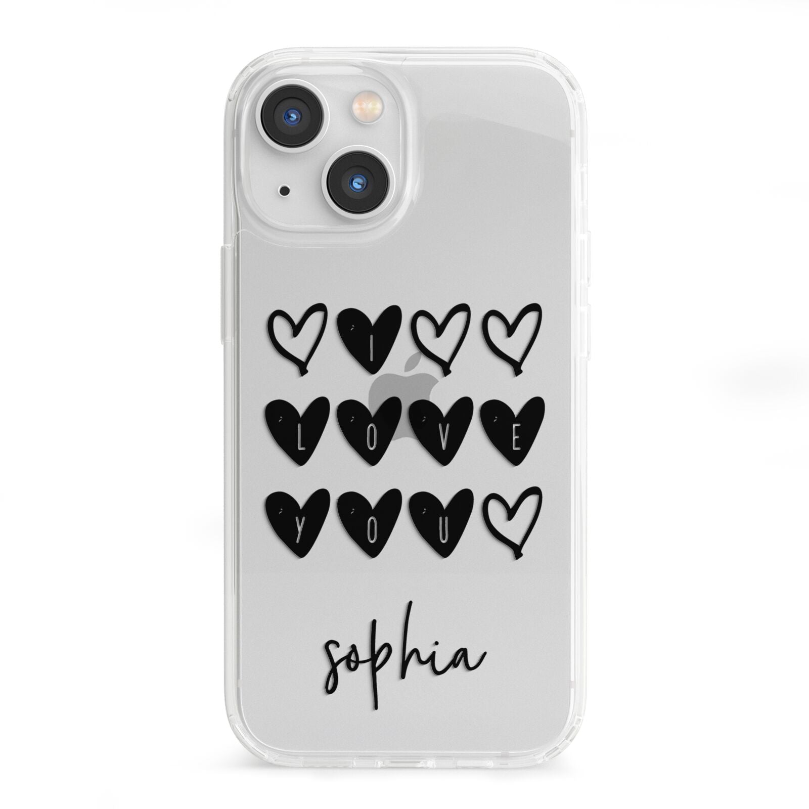 Personalised Valentine Hearts Name Black iPhone 13 Mini Clear Bumper Case