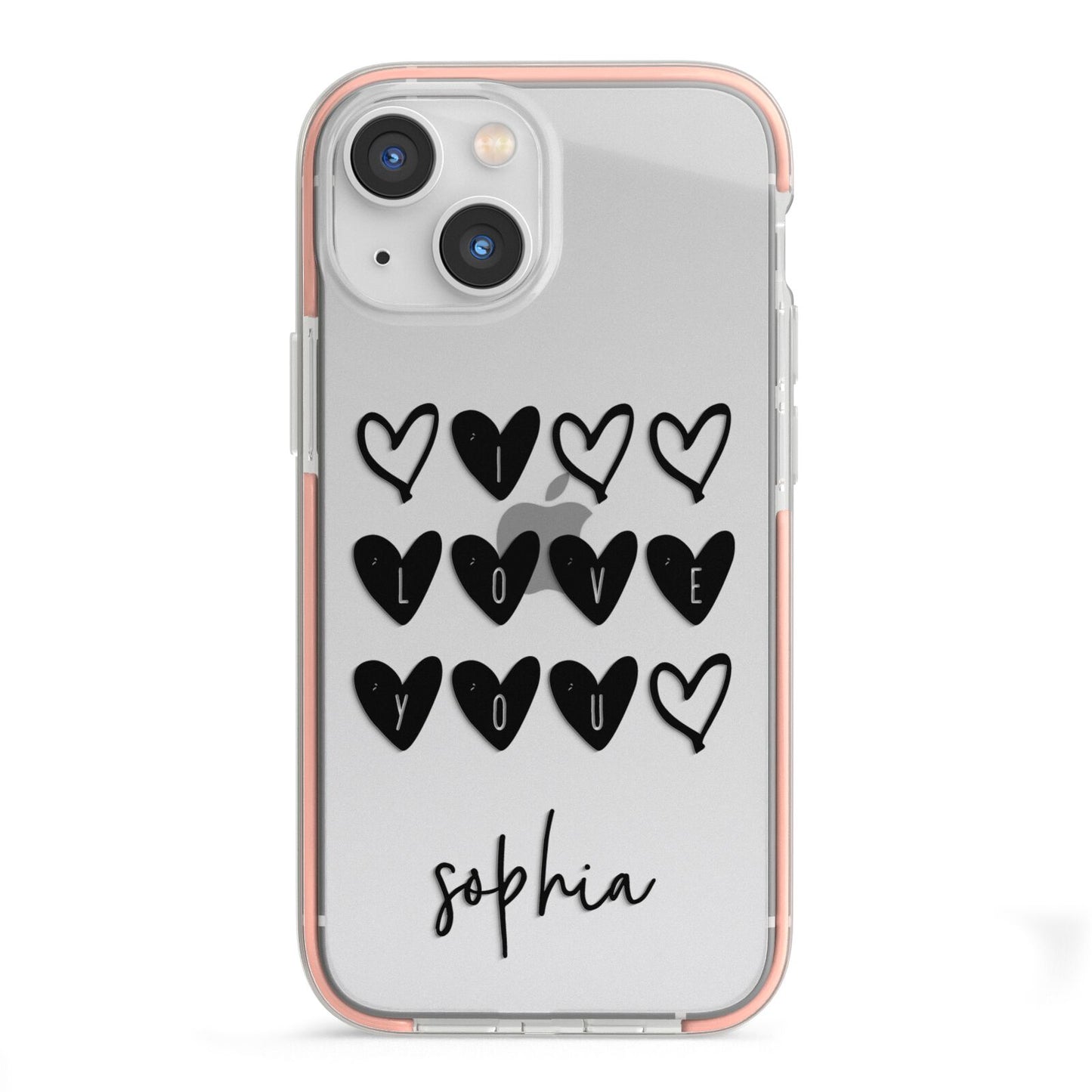 Personalised Valentine Hearts Name Black iPhone 13 Mini TPU Impact Case with Pink Edges