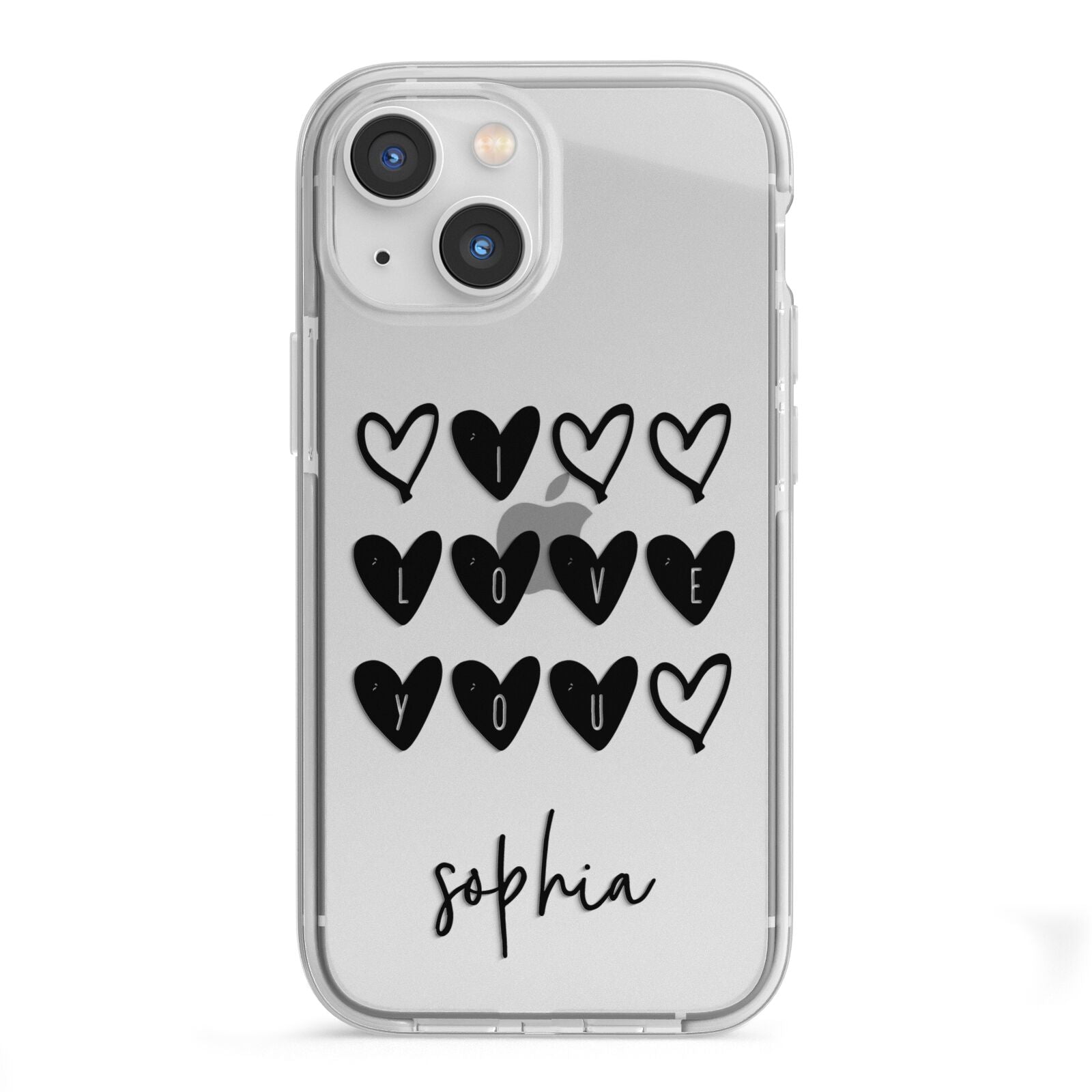 Personalised Valentine Hearts Name Black iPhone 13 Mini TPU Impact Case with White Edges