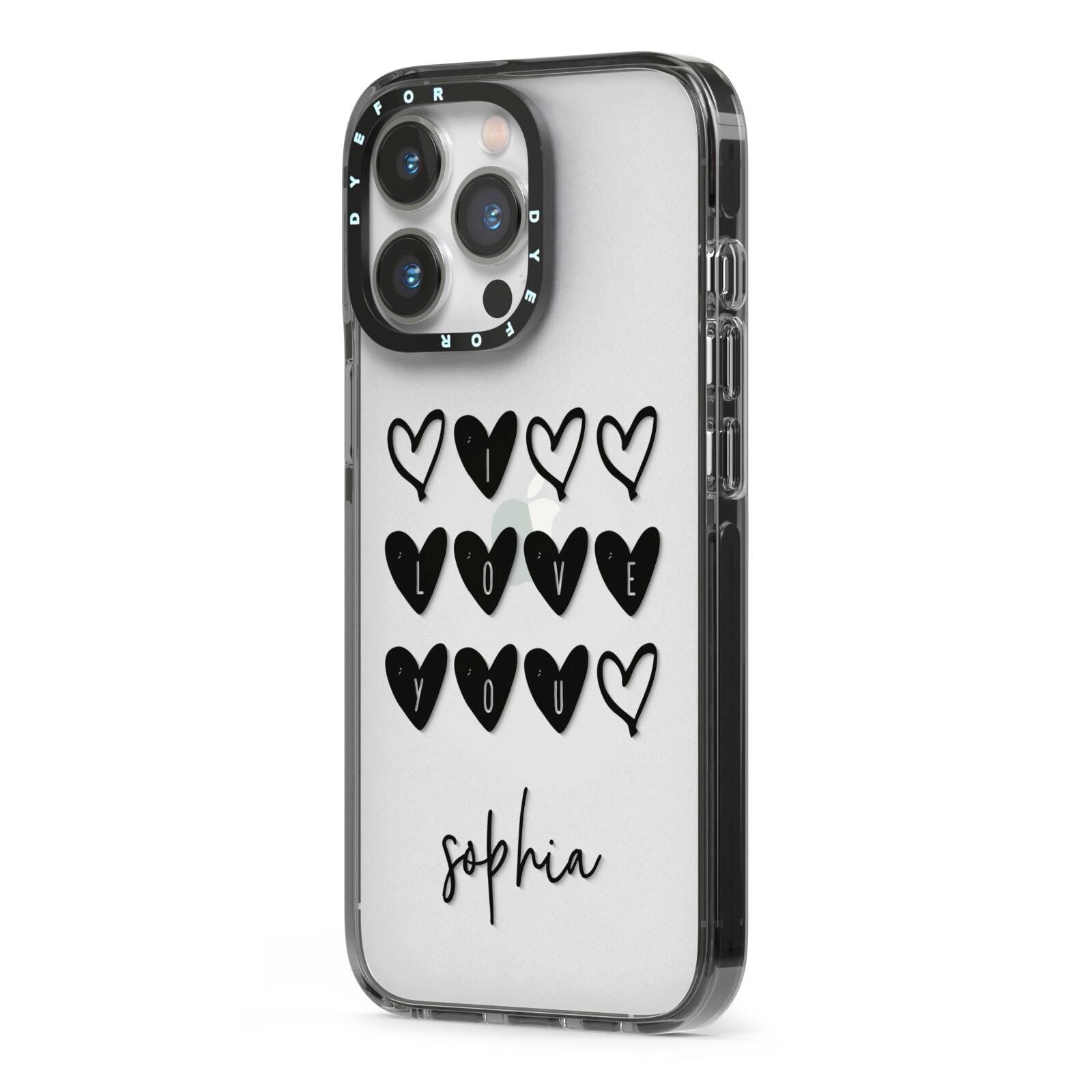 Personalised Valentine Hearts Name Black iPhone 13 Pro Black Impact Case Side Angle on Silver phone