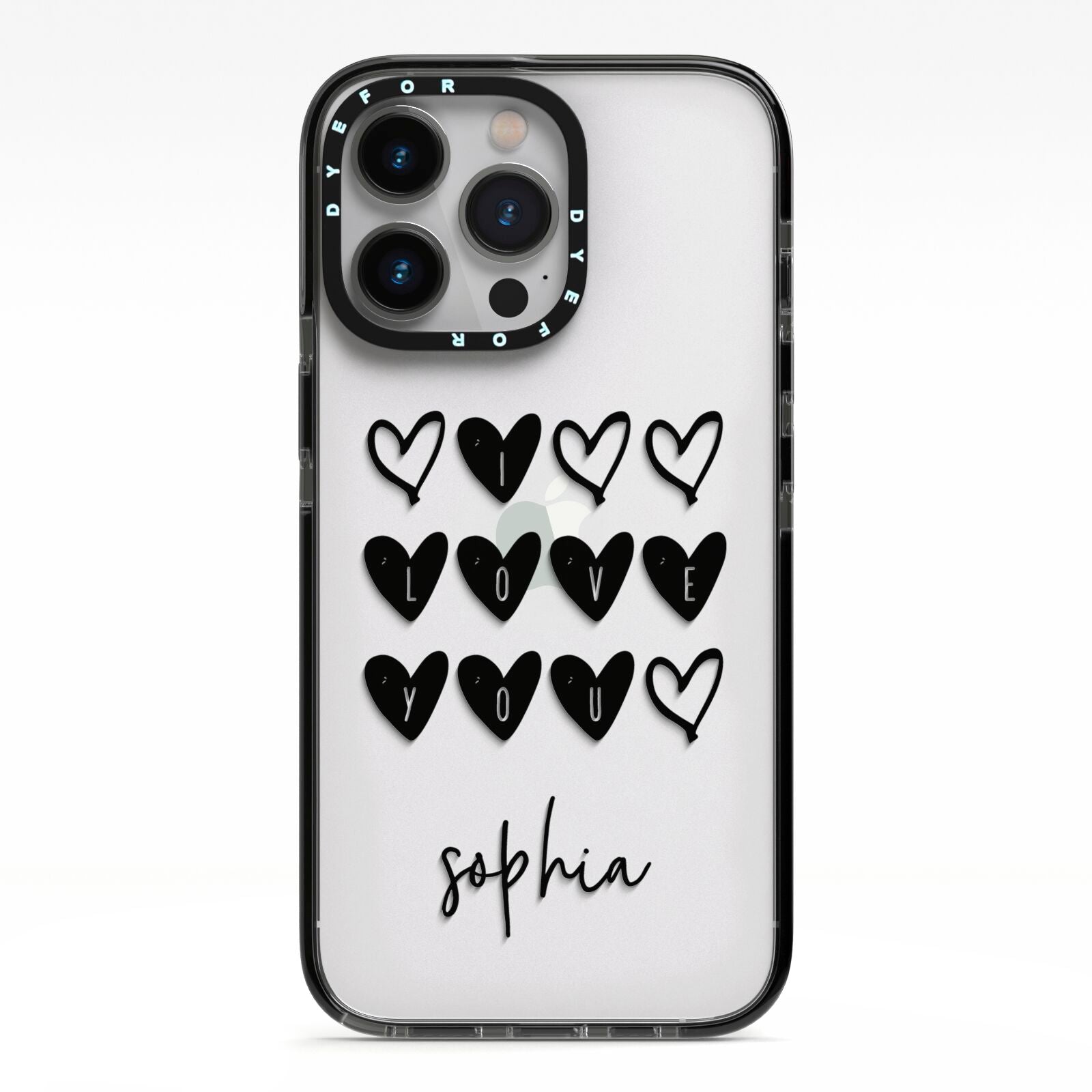 Personalised Valentine Hearts Name Black iPhone 13 Pro Black Impact Case on Silver phone