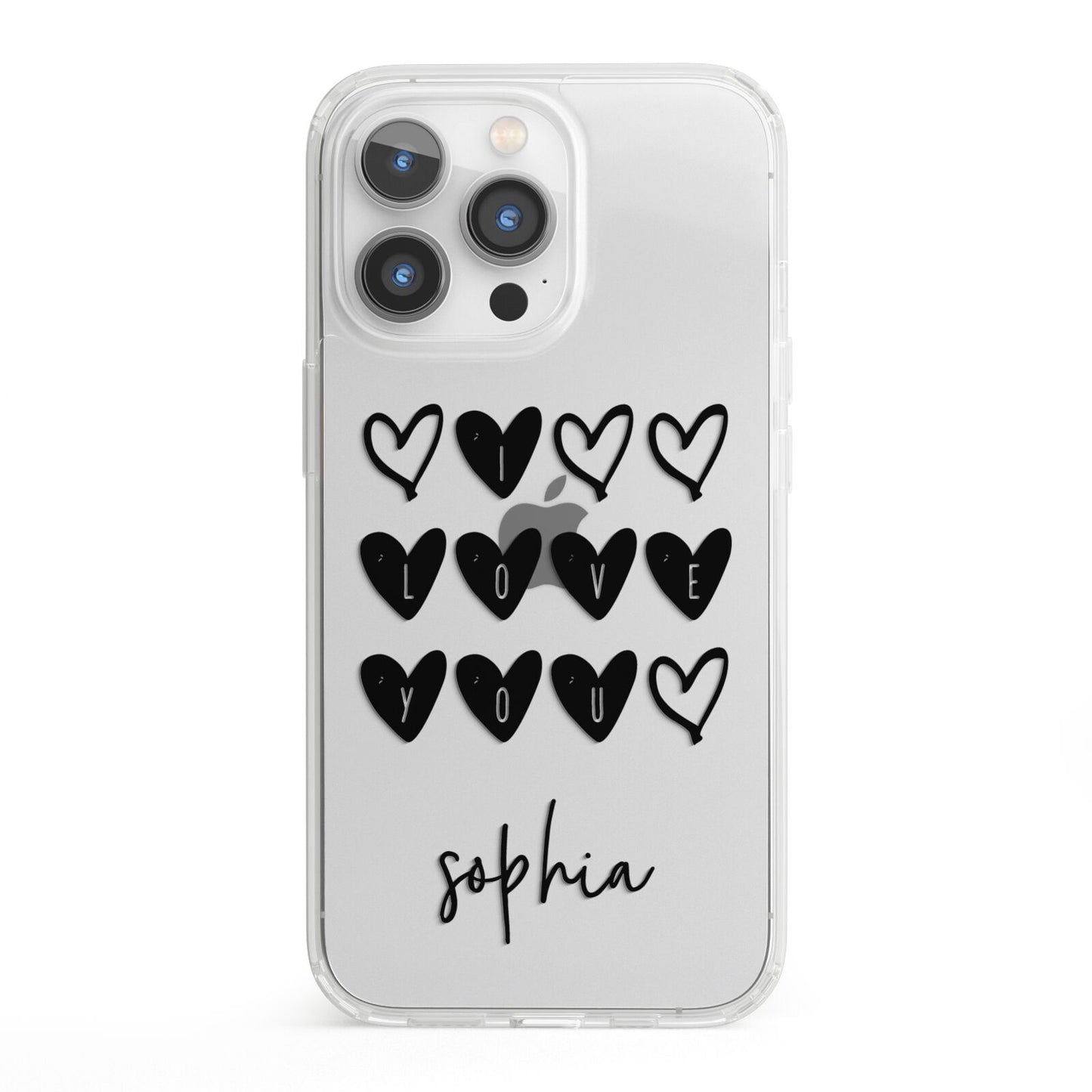 Personalised Valentine Hearts Name Black iPhone 13 Pro Clear Bumper Case