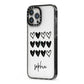 Personalised Valentine Hearts Name Black iPhone 13 Pro Max Black Impact Case Side Angle on Silver phone