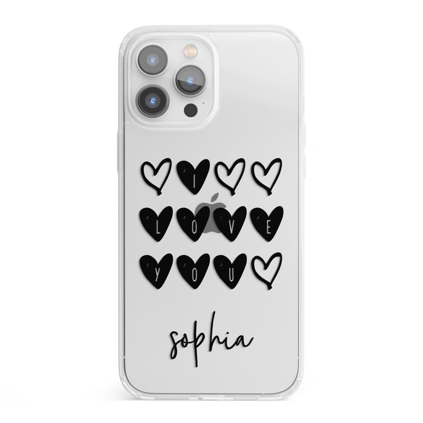 Personalised Valentine Hearts Name Black iPhone 13 Pro Max Clear Bumper Case