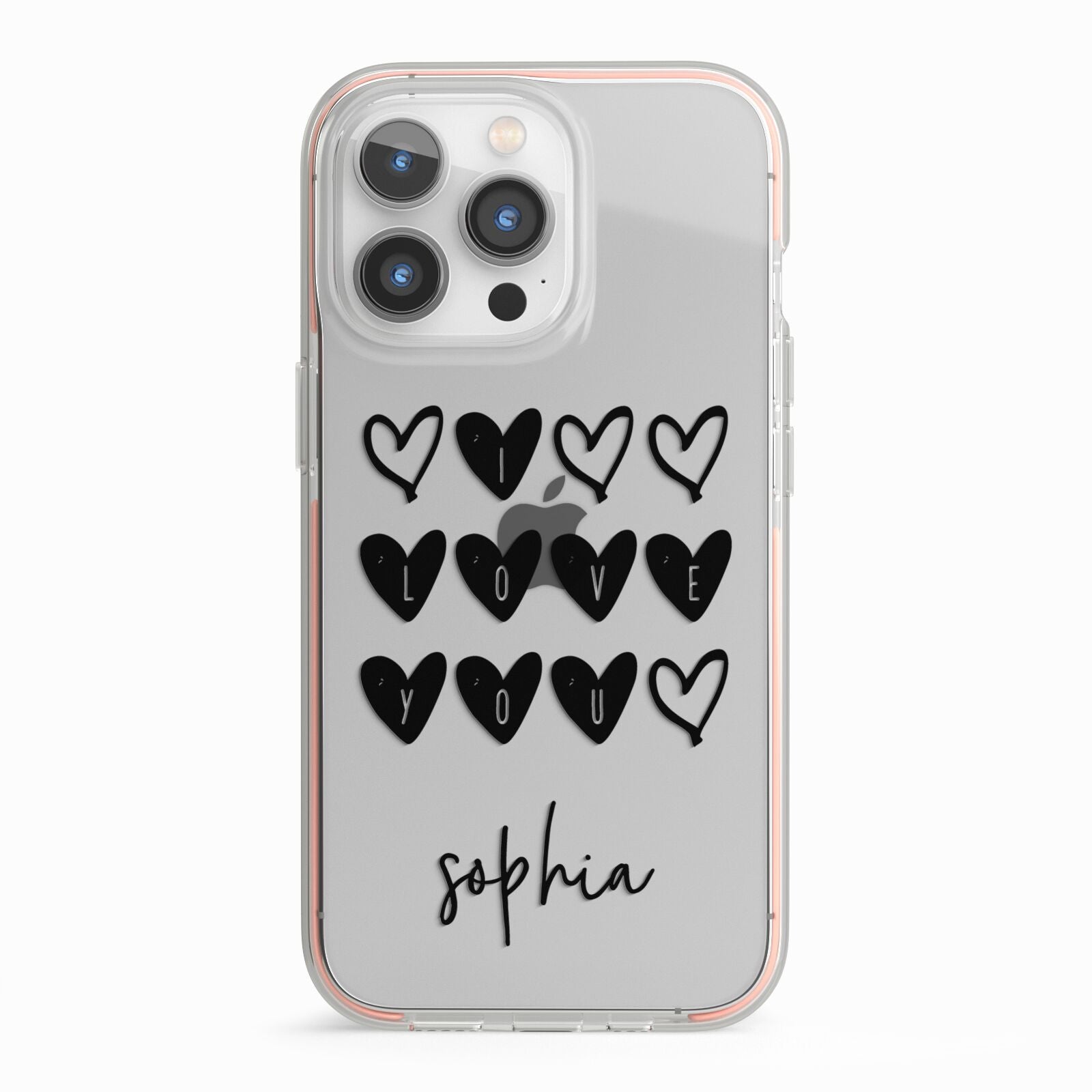 Personalised Valentine Hearts Name Black iPhone 13 Pro TPU Impact Case with Pink Edges