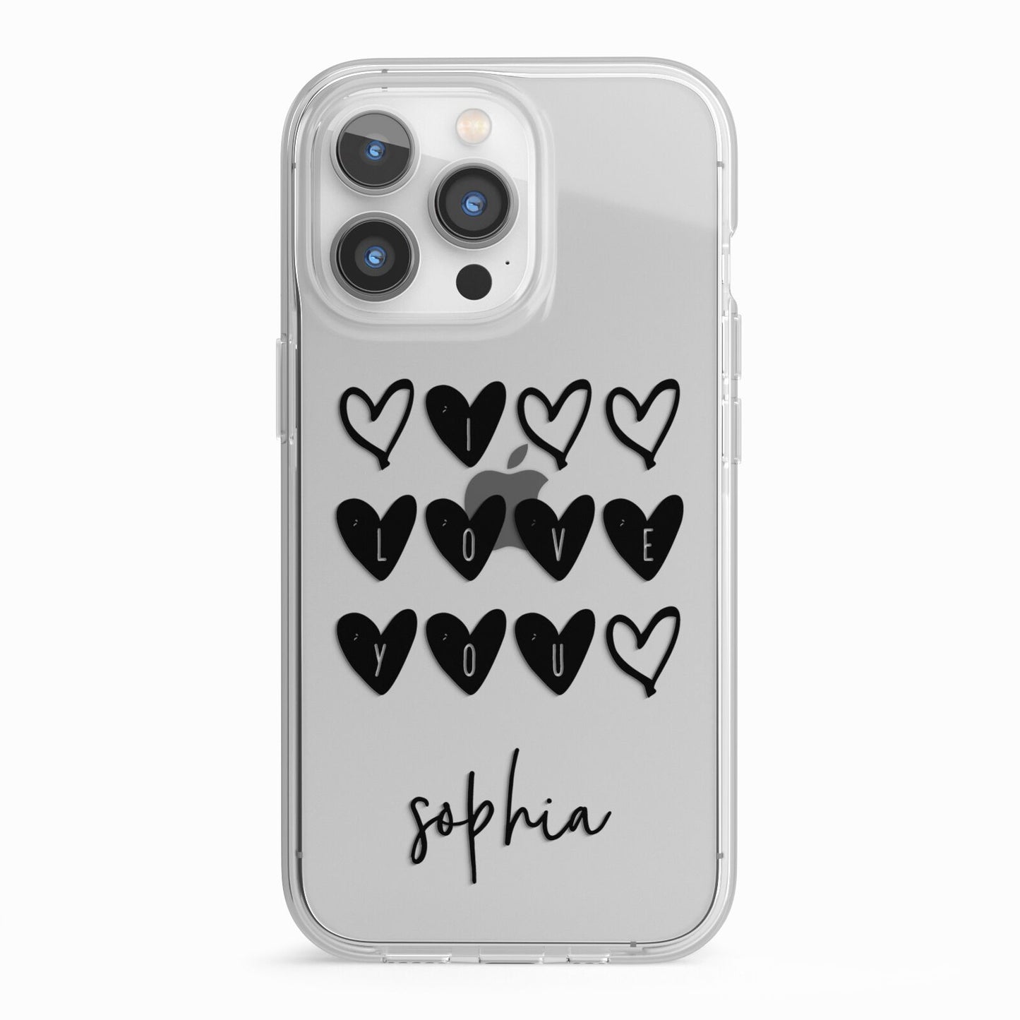 Personalised Valentine Hearts Name Black iPhone 13 Pro TPU Impact Case with White Edges