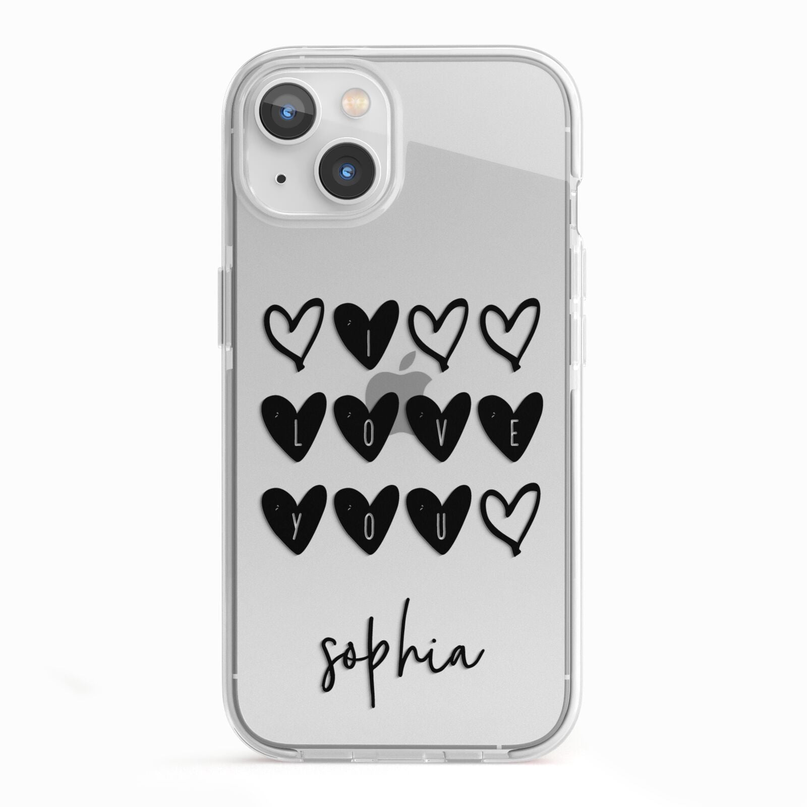 Personalised Valentine Hearts Name Black iPhone 13 TPU Impact Case with White Edges