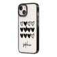 Personalised Valentine Hearts Name Black iPhone 14 Black Impact Case Side Angle on Silver phone