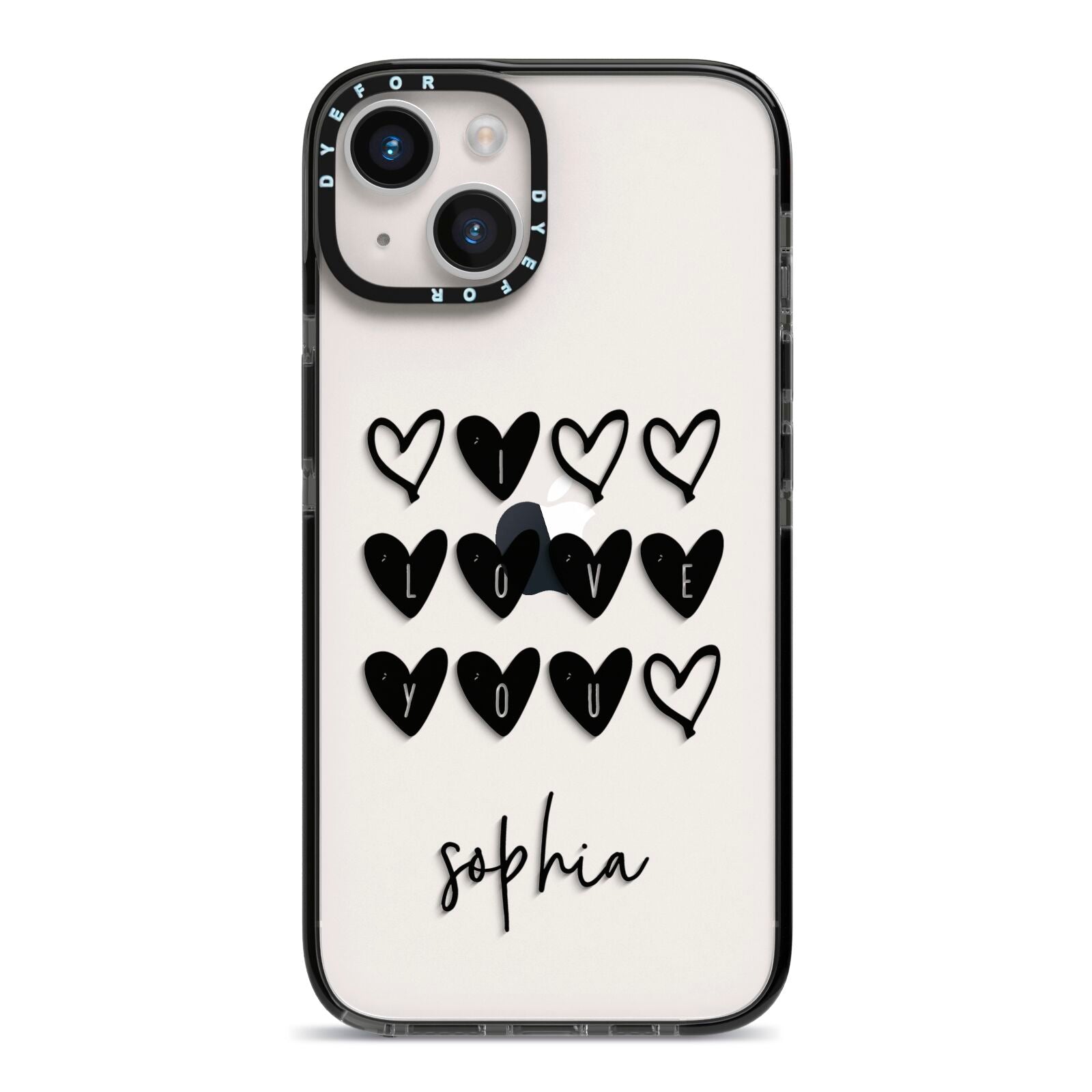 Personalised Valentine Hearts Name Black iPhone 14 Black Impact Case on Silver phone