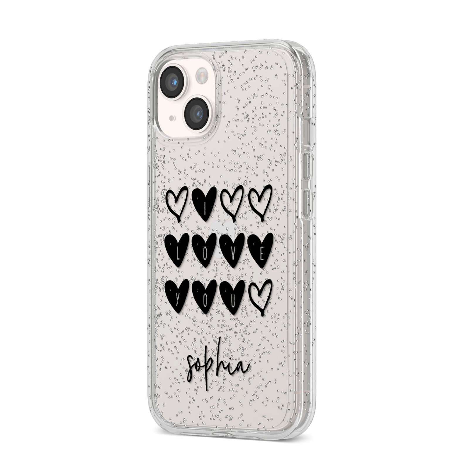 Personalised Valentine Hearts Name Black iPhone 14 Glitter Tough Case Starlight Angled Image