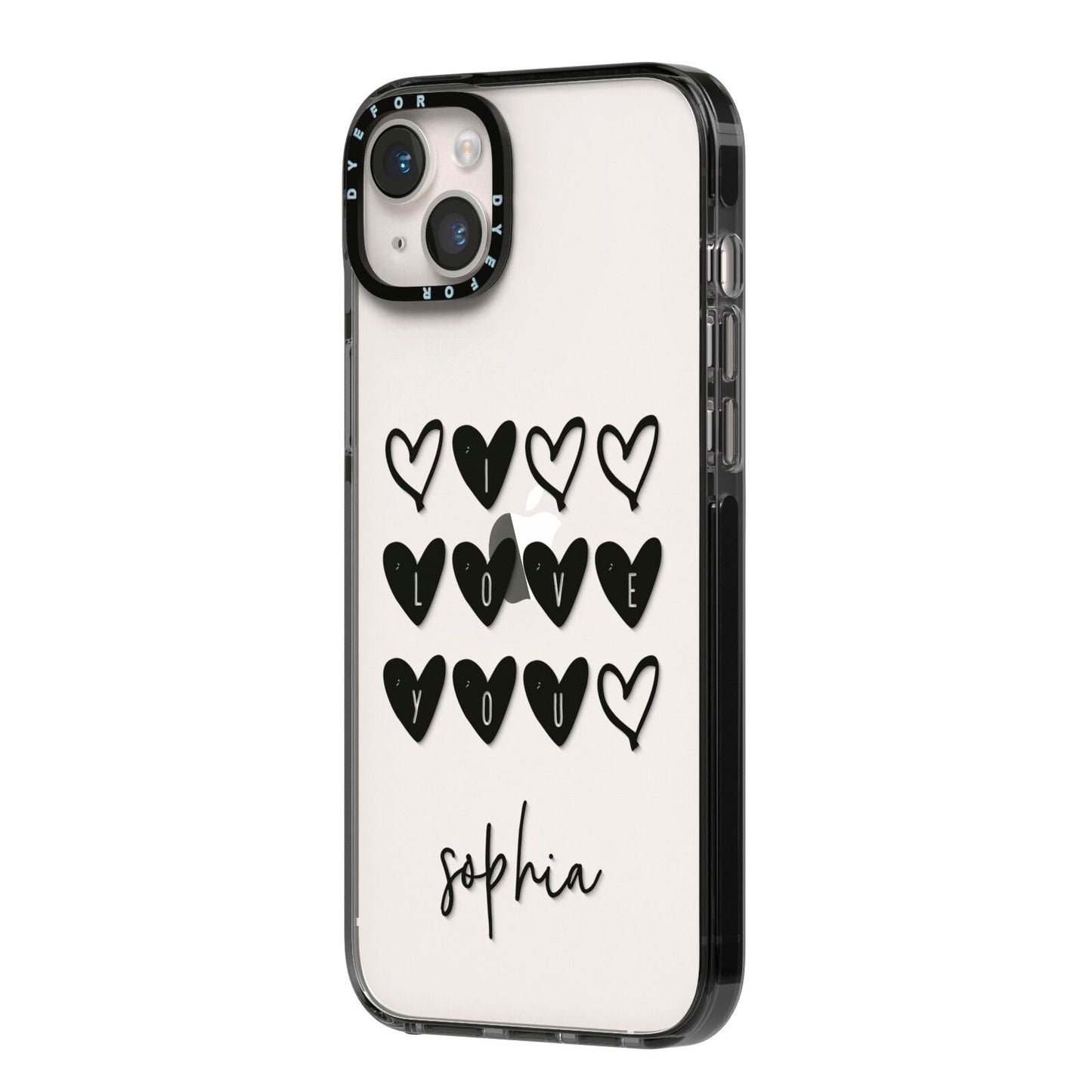 Personalised Valentine Hearts Name Black iPhone 14 Plus Black Impact Case Side Angle on Silver phone