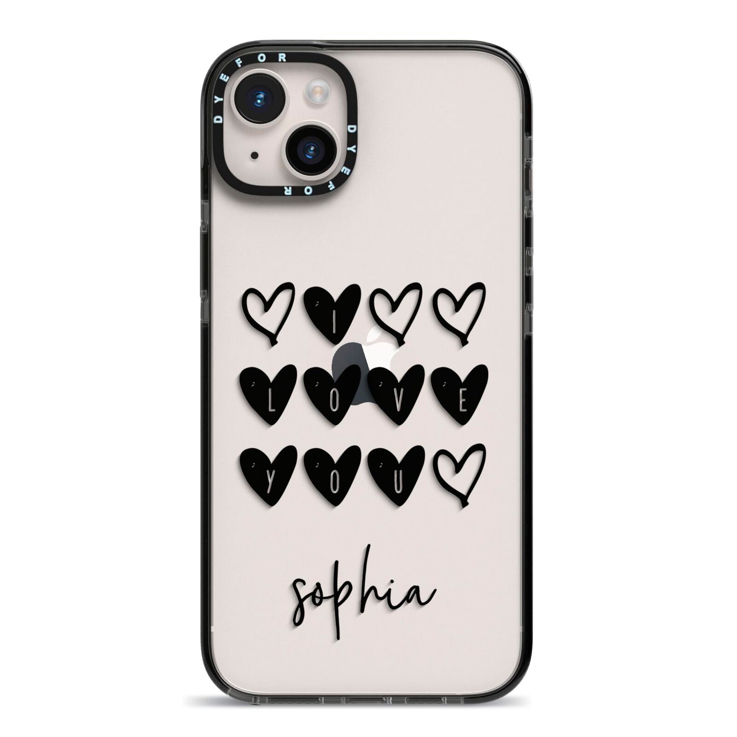 Personalised Valentine Hearts Name Black iPhone 14 Plus Black Impact Case on Silver phone