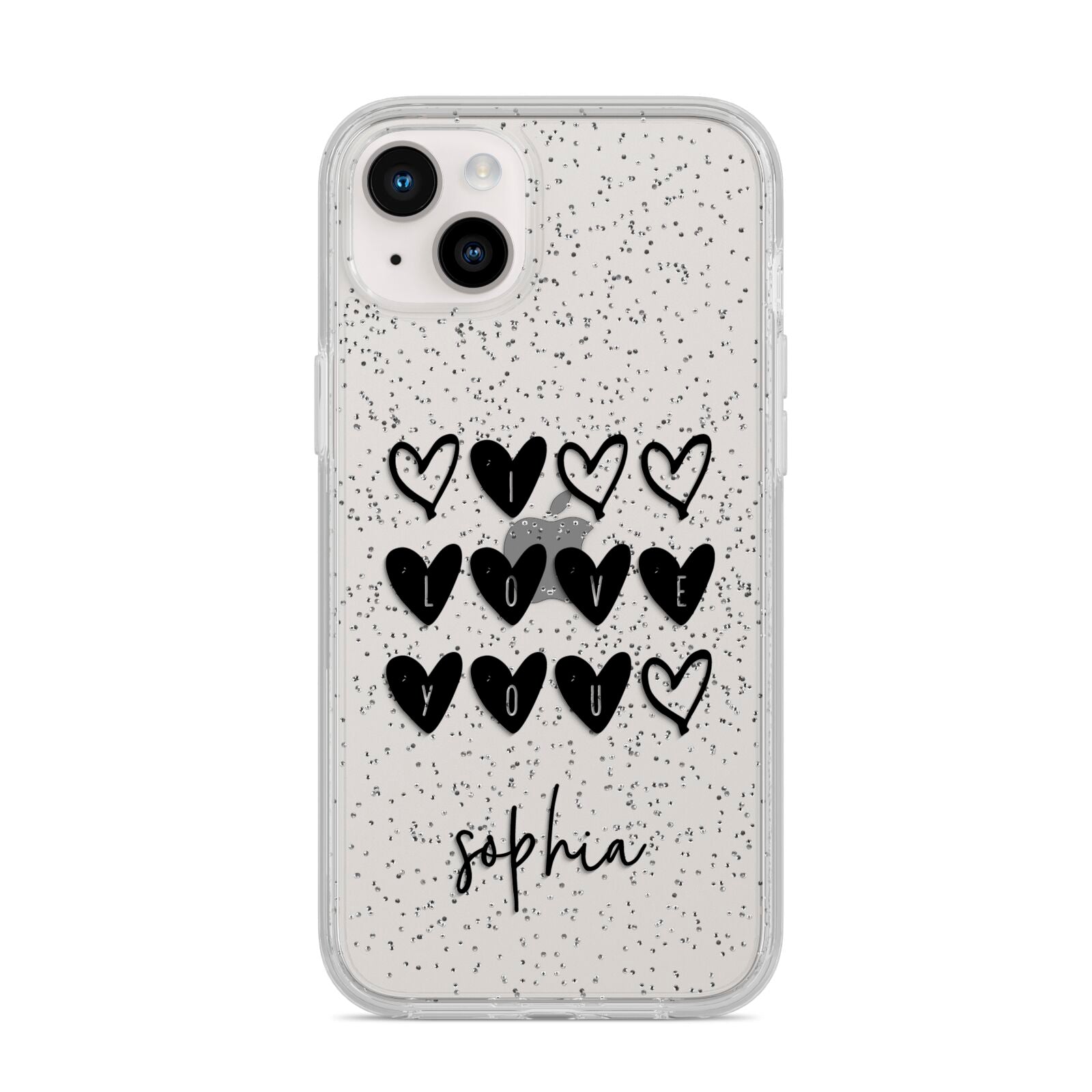 Personalised Valentine Hearts Name Black iPhone 14 Plus Glitter Tough Case Starlight
