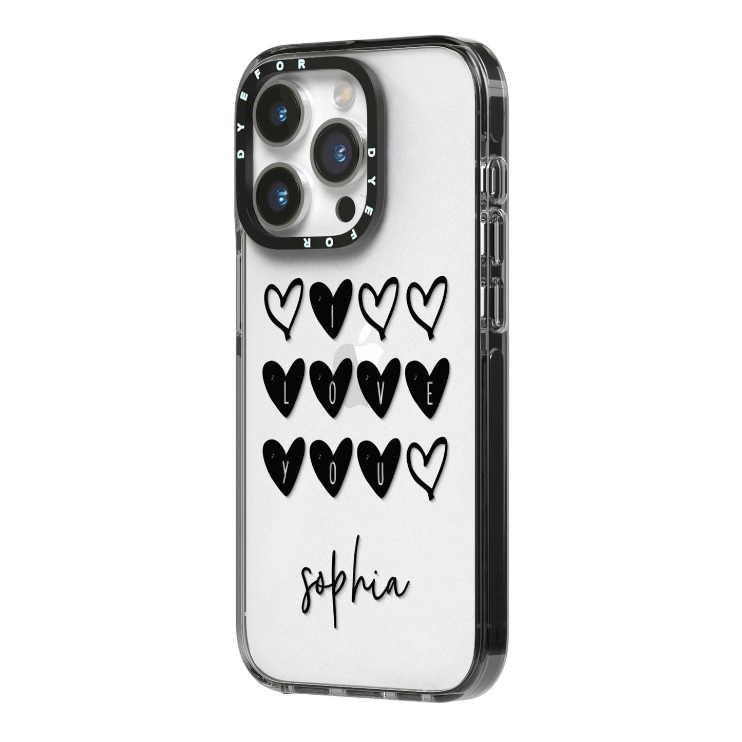 Personalised Valentine Hearts Name Black iPhone 14 Pro Black Impact Case Side Angle on Silver phone