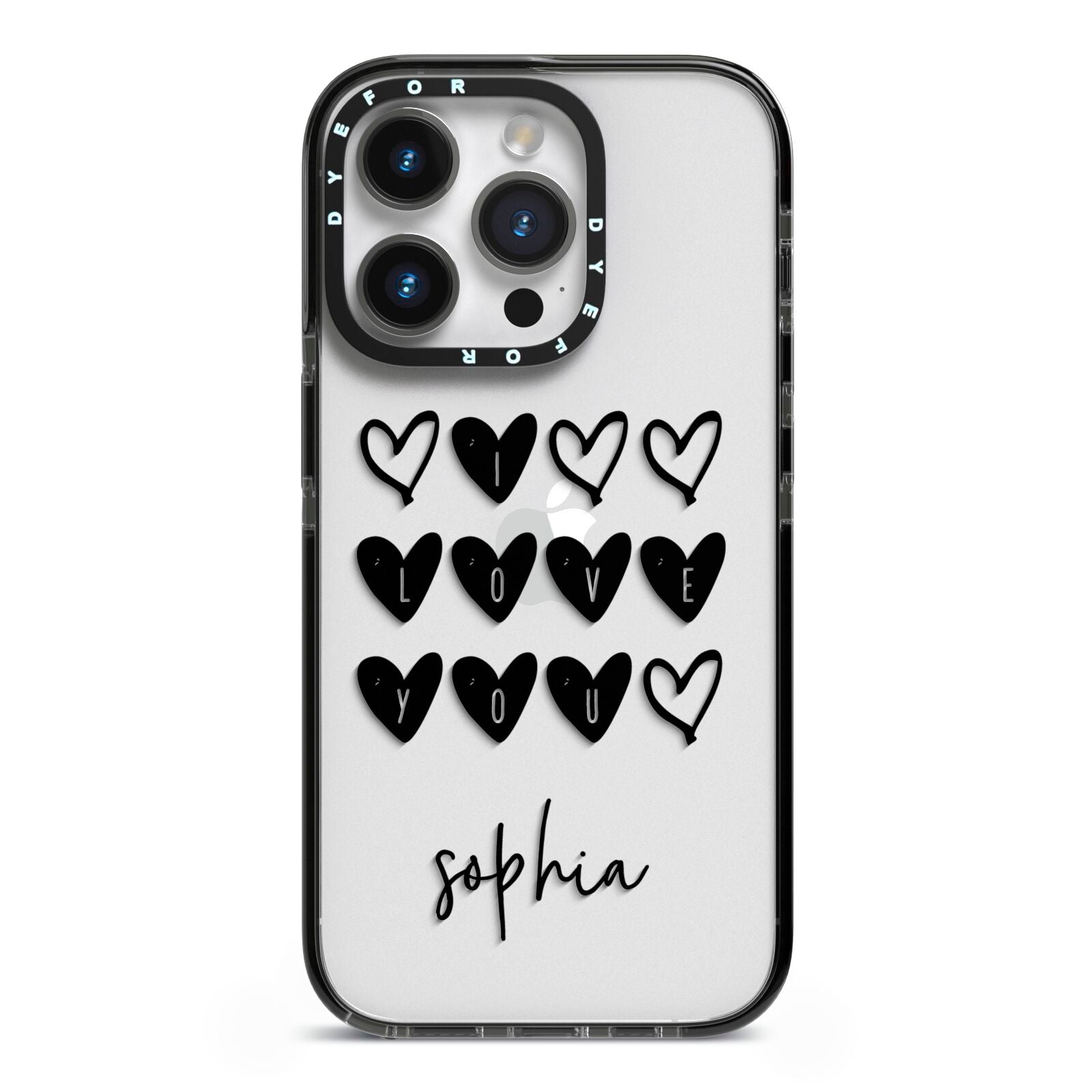 Personalised Valentine Hearts Name Black iPhone 14 Pro Black Impact Case on Silver phone