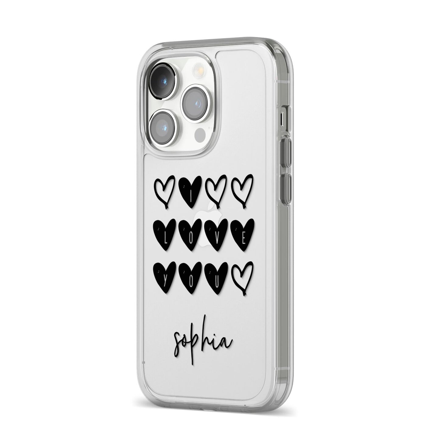 Personalised Valentine Hearts Name Black iPhone 14 Pro Clear Tough Case Silver Angled Image