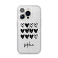 Personalised Valentine Hearts Name Black iPhone 14 Pro Clear Tough Case Silver