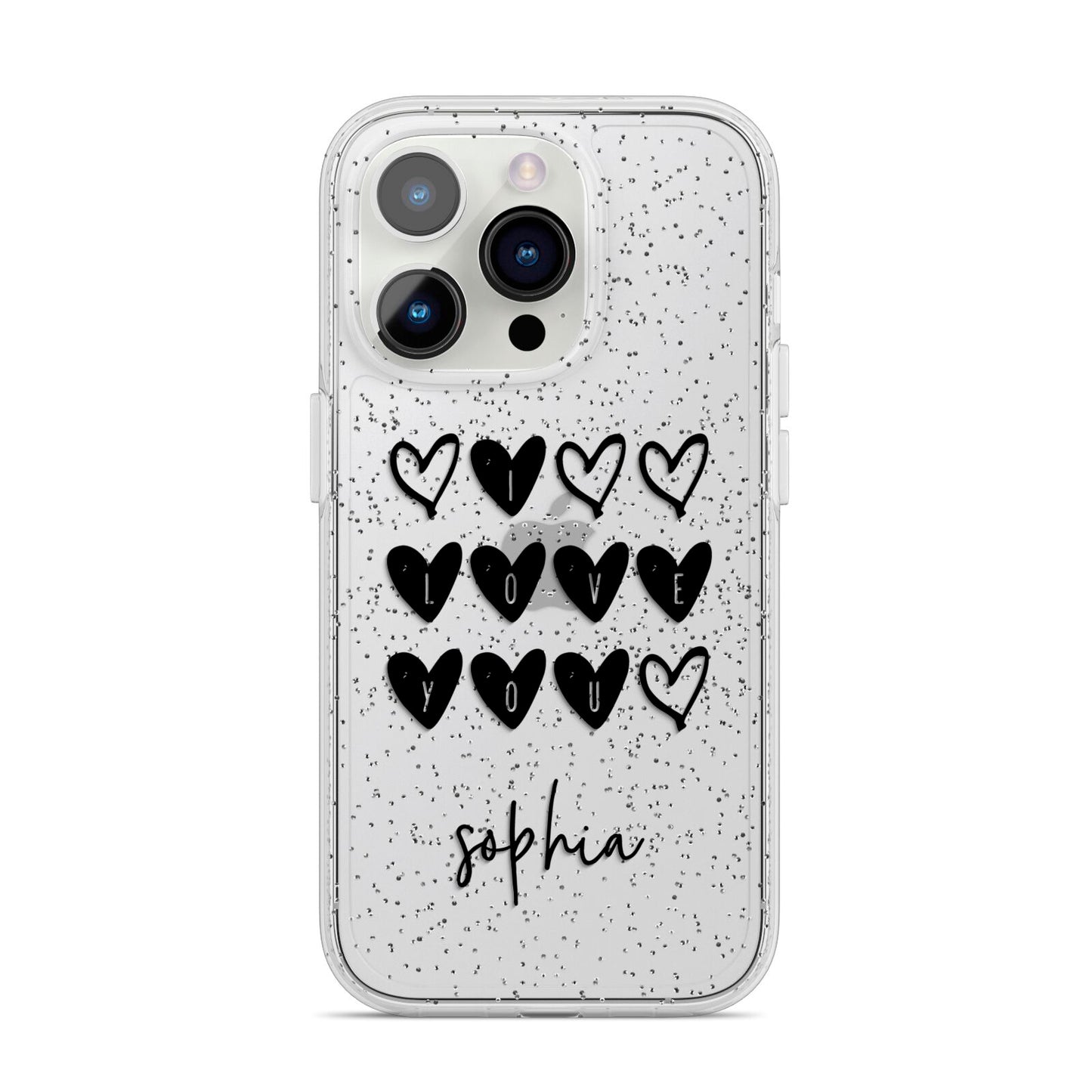 Personalised Valentine Hearts Name Black iPhone 14 Pro Glitter Tough Case Silver