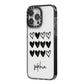 Personalised Valentine Hearts Name Black iPhone 14 Pro Max Black Impact Case Side Angle on Silver phone