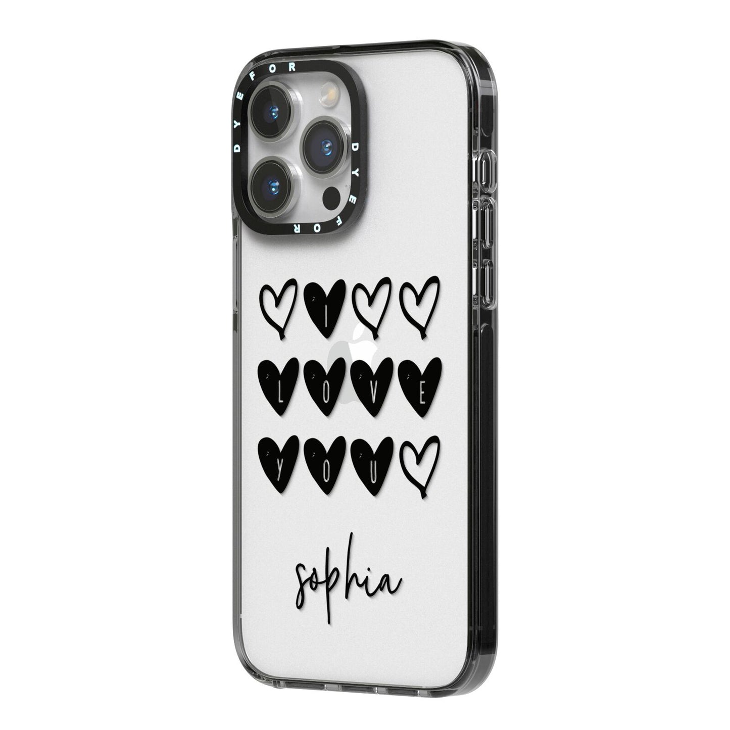 Personalised Valentine Hearts Name Black iPhone 14 Pro Max Black Impact Case Side Angle on Silver phone