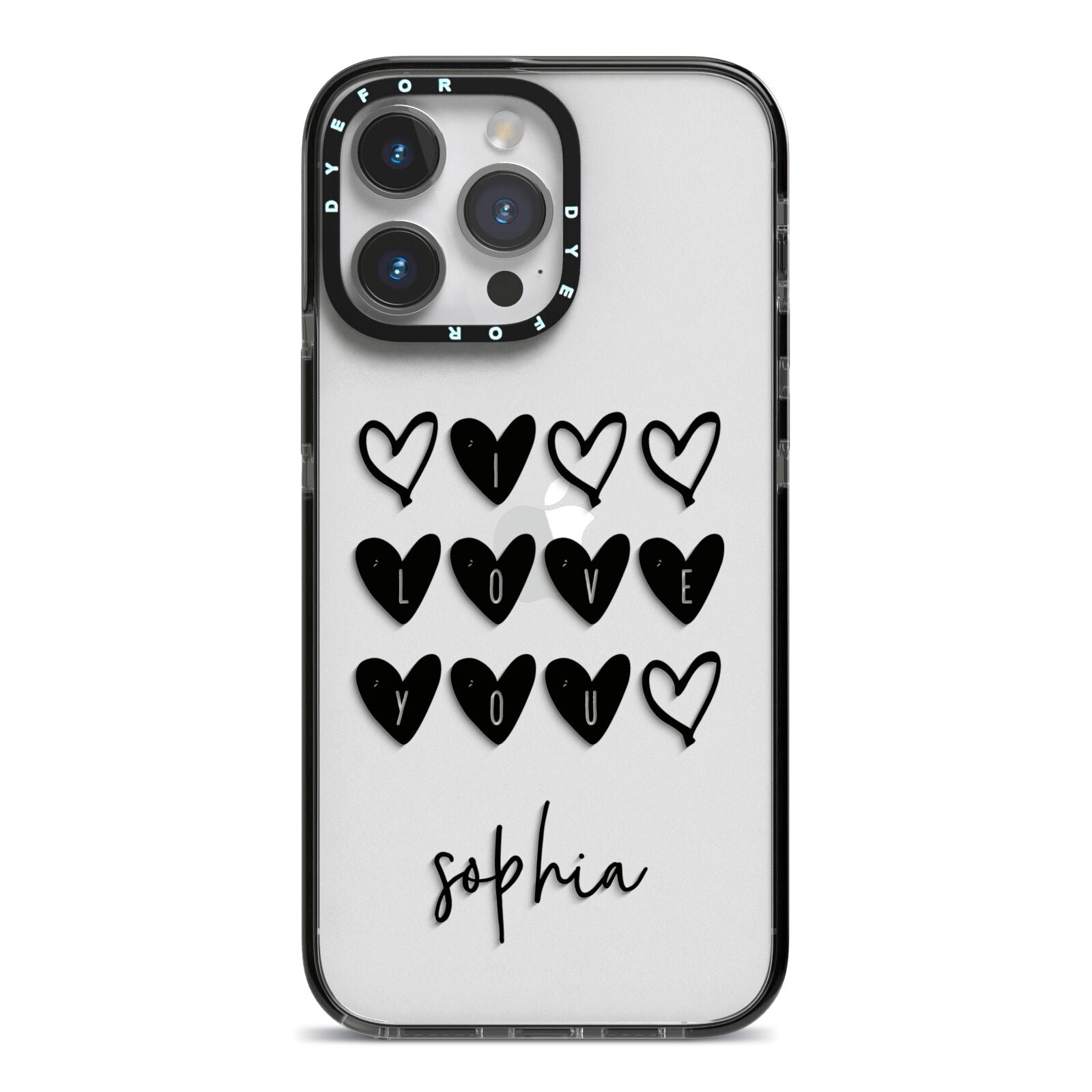 Personalised Valentine Hearts Name Black iPhone 14 Pro Max Black Impact Case on Silver phone