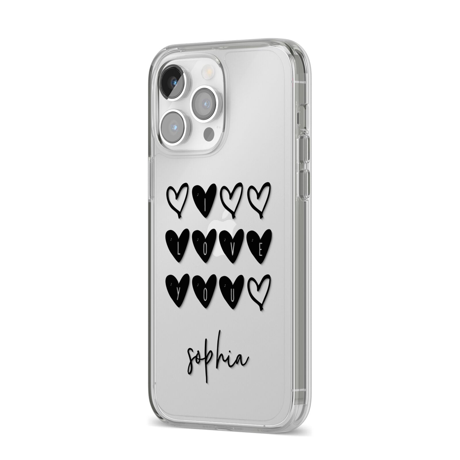 Personalised Valentine Hearts Name Black iPhone 14 Pro Max Clear Tough Case Silver Angled Image
