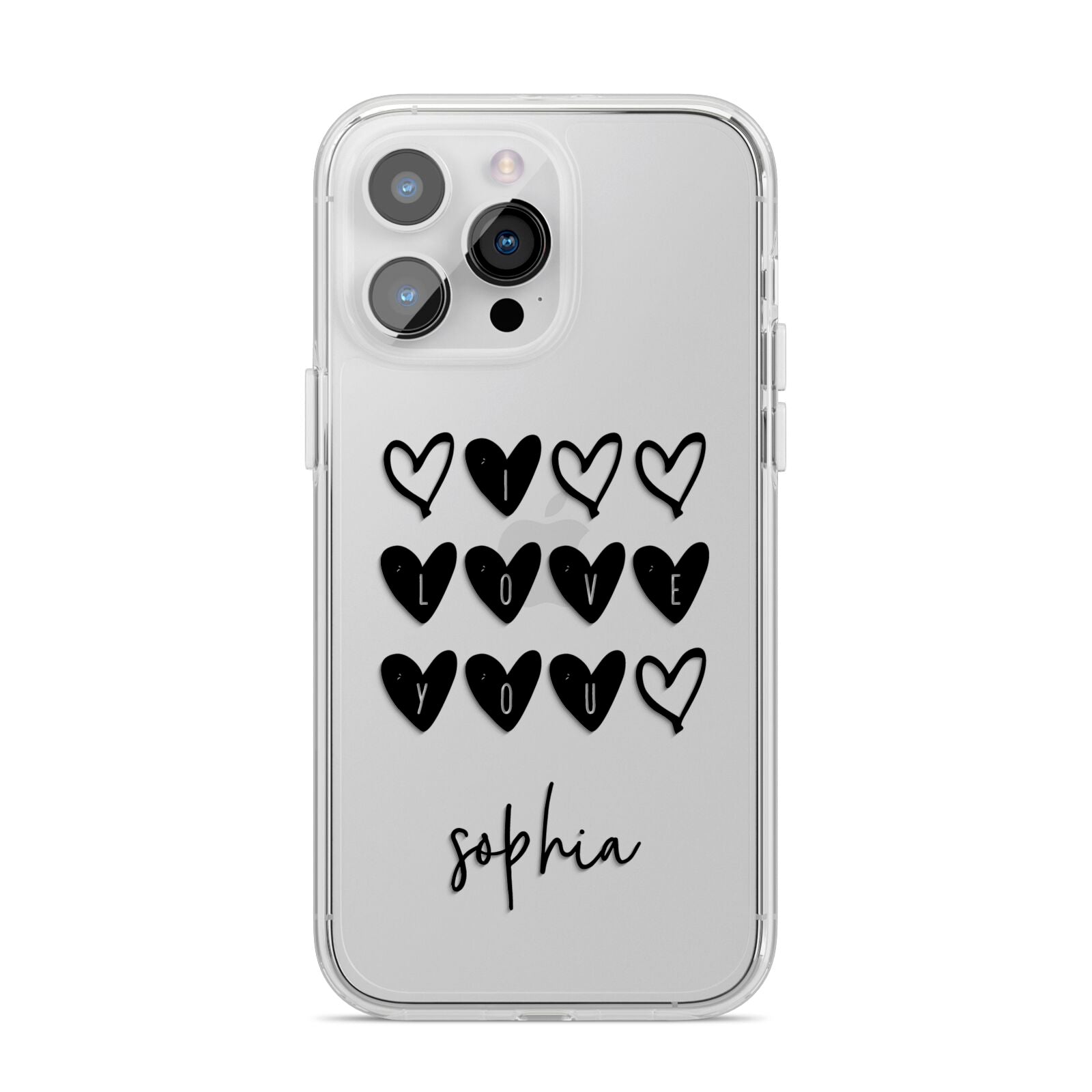 Personalised Valentine Hearts Name Black iPhone 14 Pro Max Clear Tough Case Silver