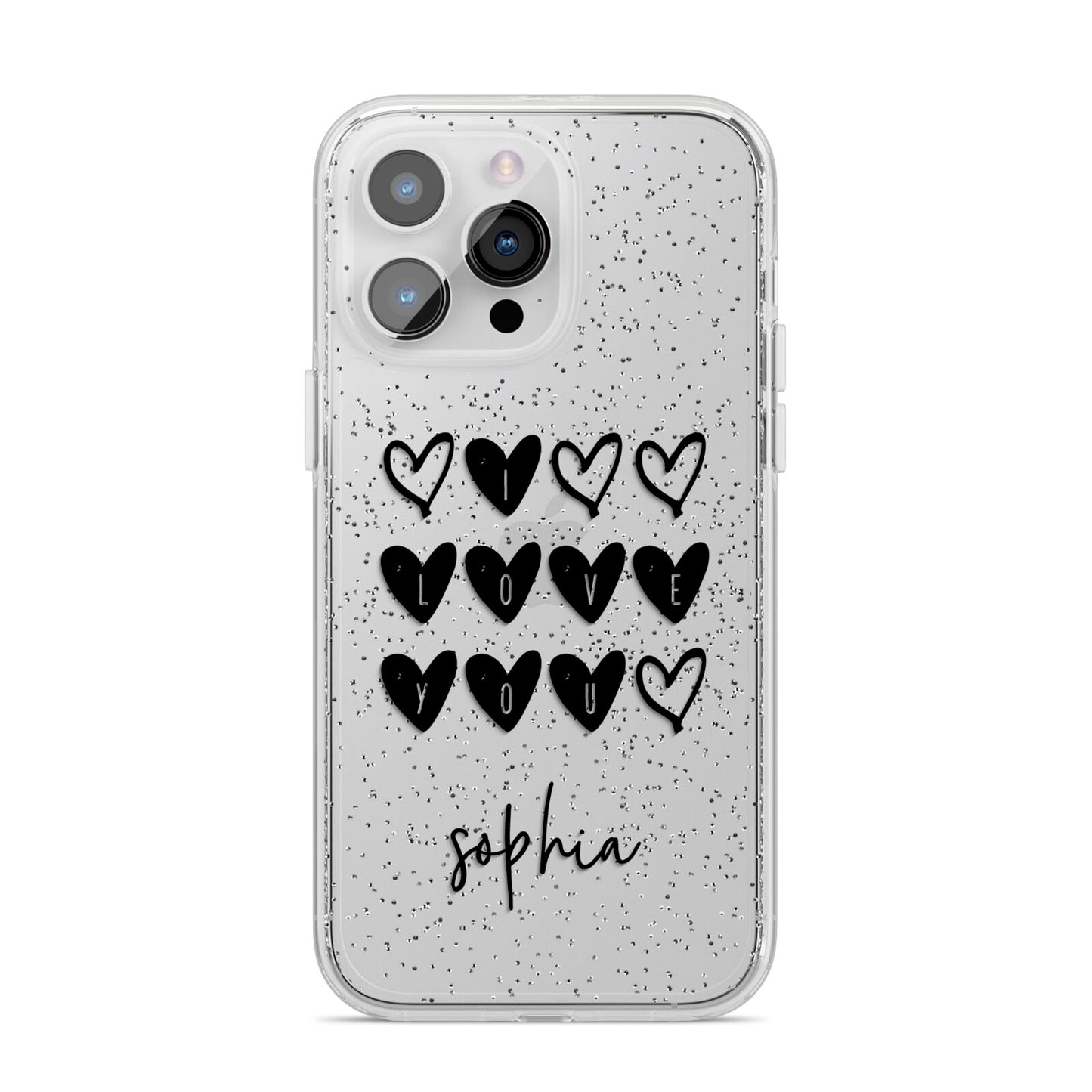 Personalised Valentine Hearts Name Black iPhone 14 Pro Max Glitter Tough Case Silver